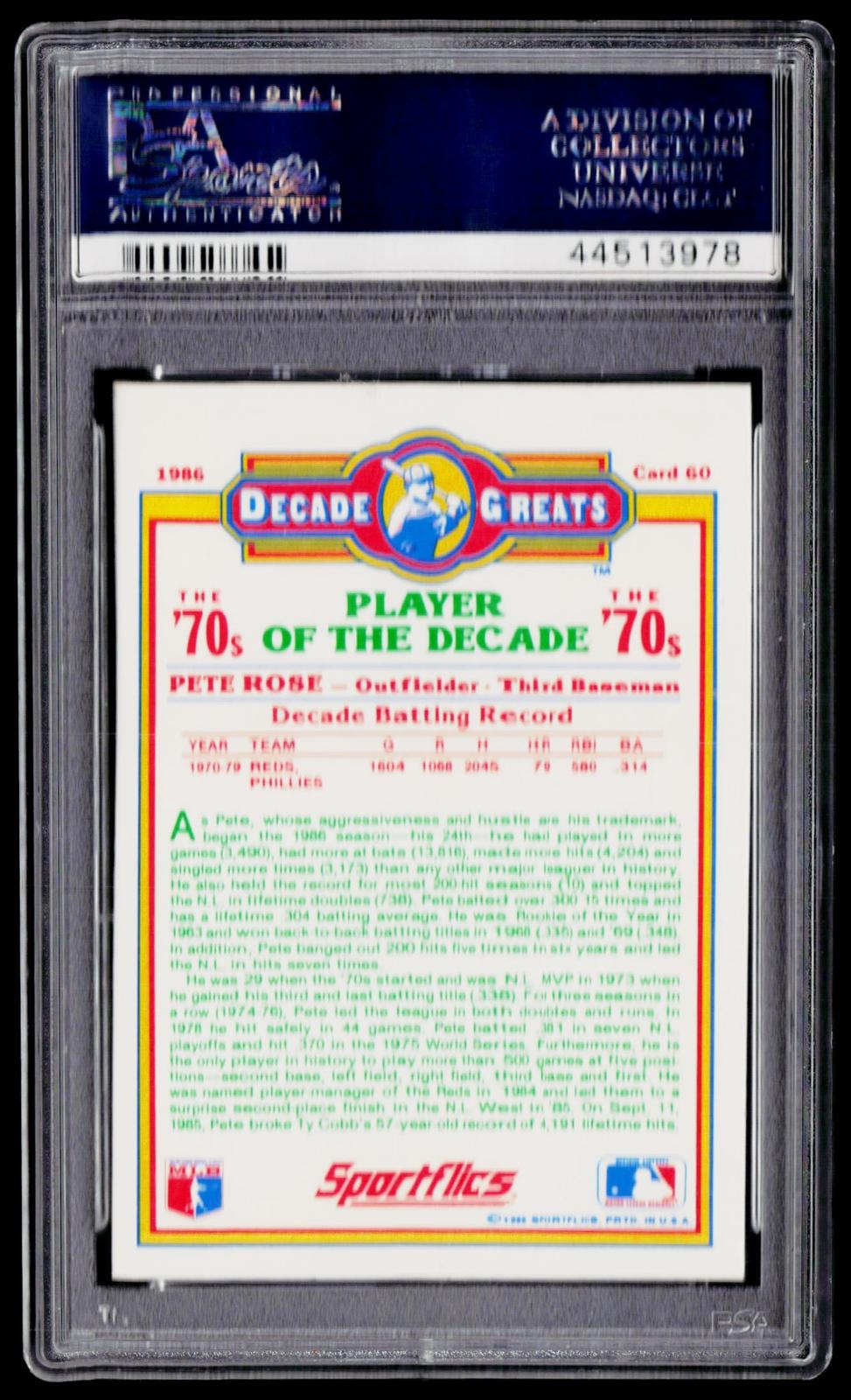 1986 Sportflics Decade Greats #60 Pete Rose PSA 10