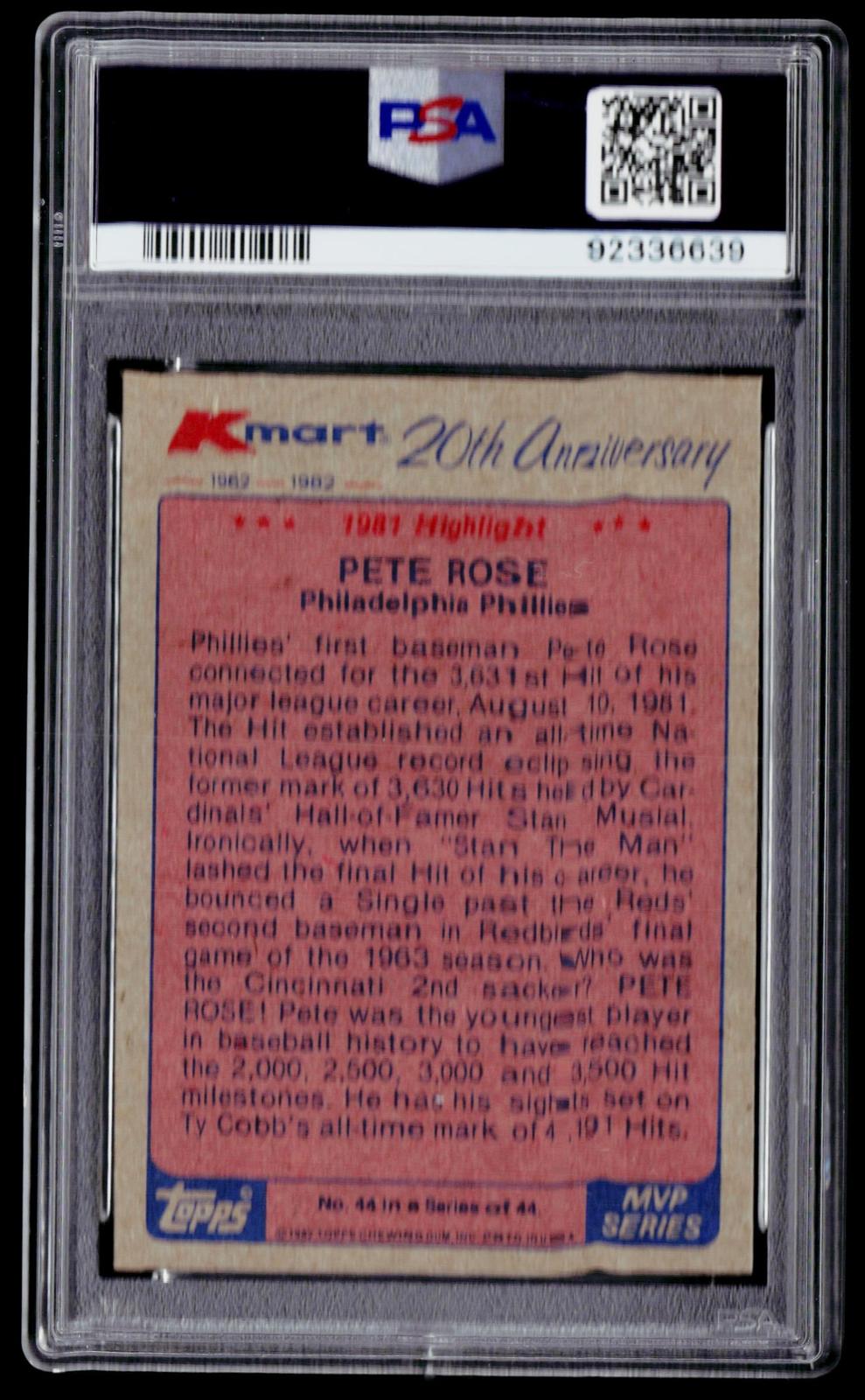 1982 Topps Kmart 20th Anniversary AL & NL MVP's #44 Pete Rose PSA 10