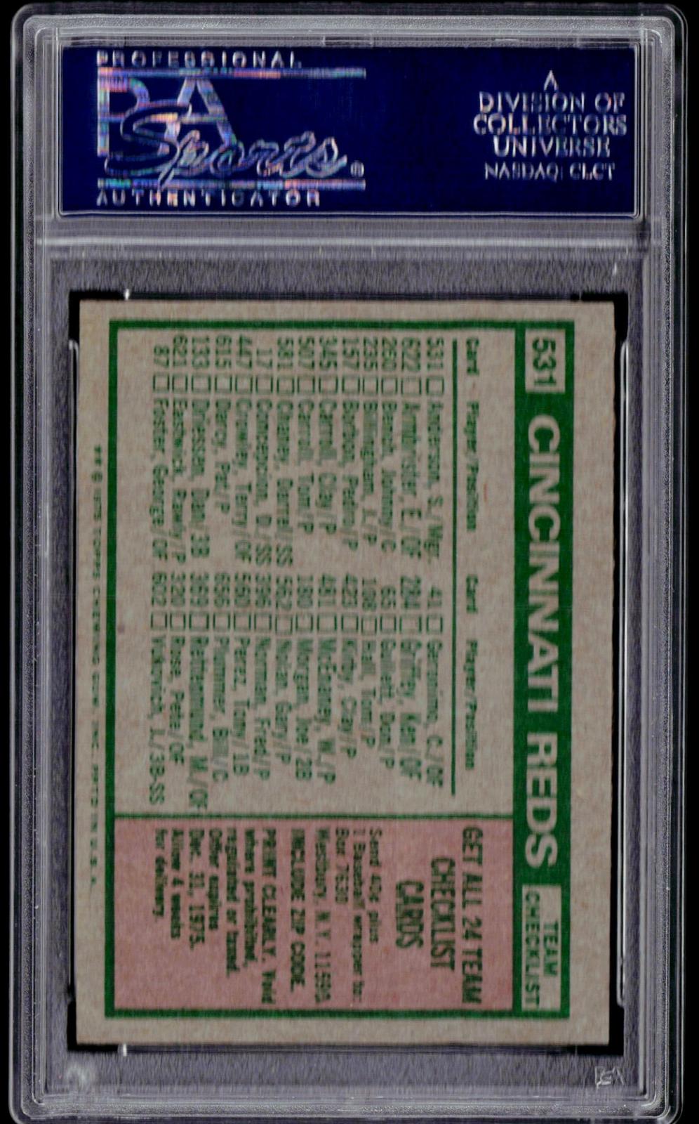 1975 Topps #531 Cincinnati Reds/Sparky Anderson Team Checklists White Back PSA 7