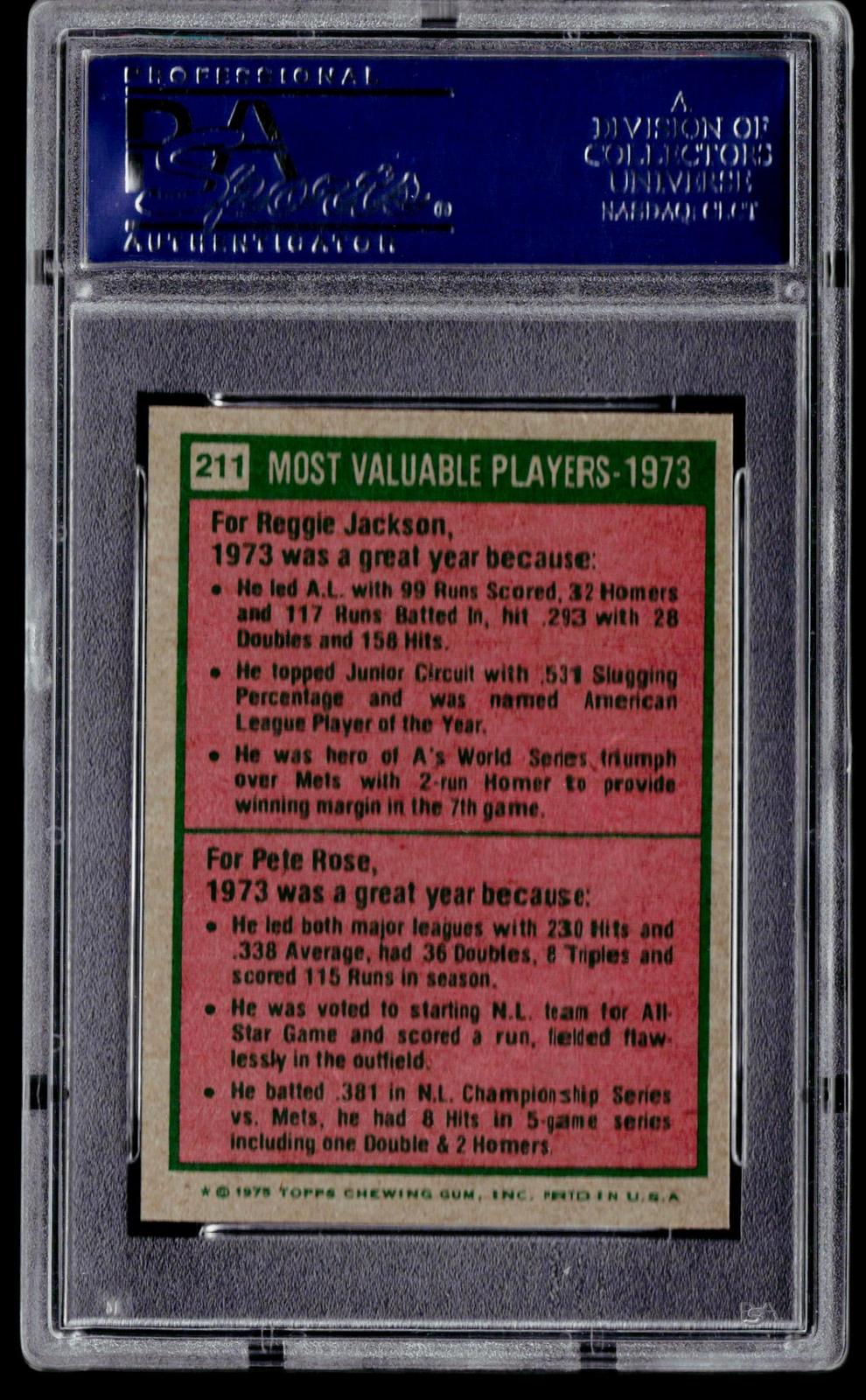 1975 Topps #211 1973 MVPs (Reggie Jackson / Pete Rose) PSA 8