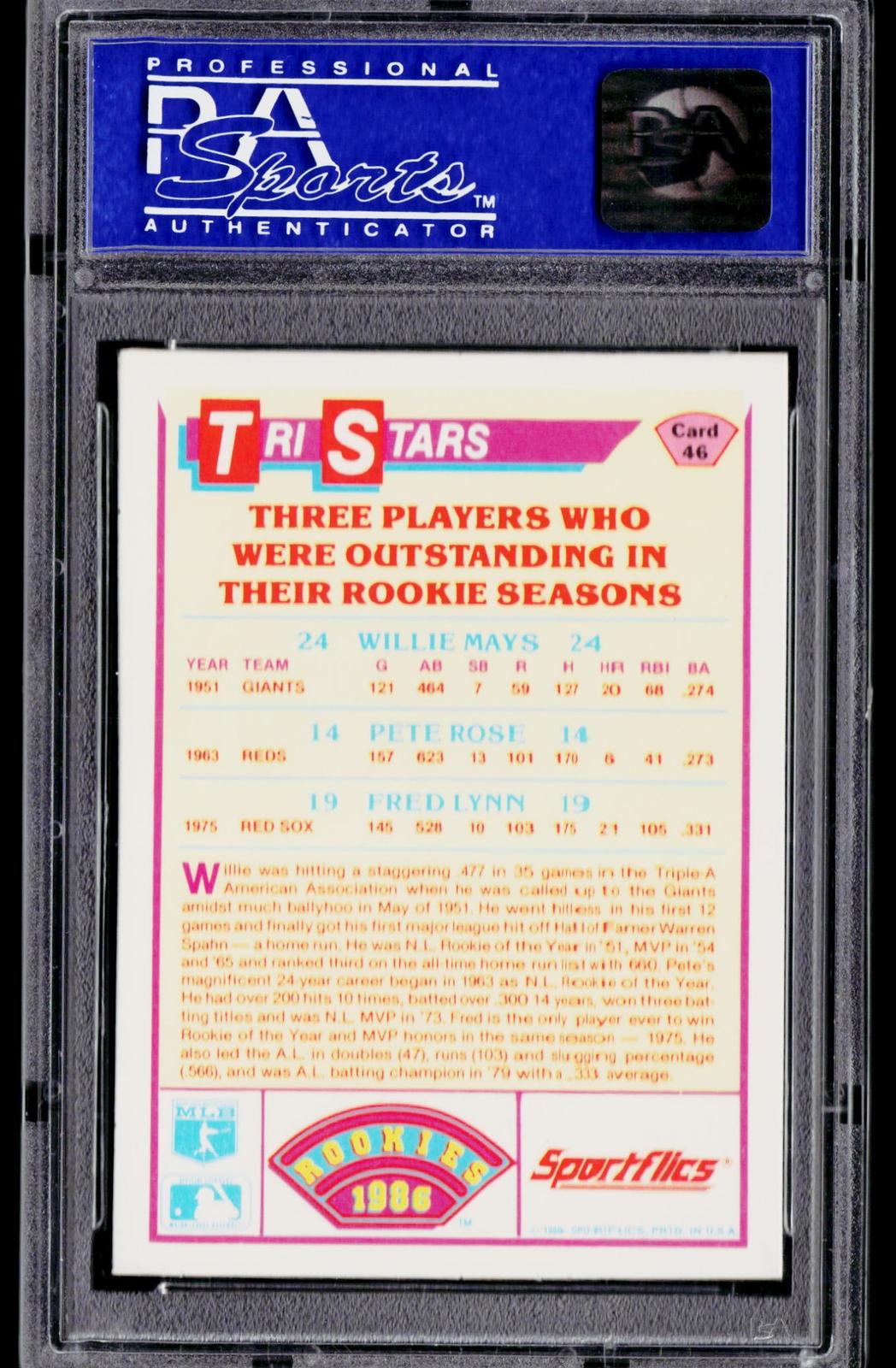 1986 Sportflics Rookies #46 (Fred Lynn, Willie Mays, Pete Rose) PSA 9