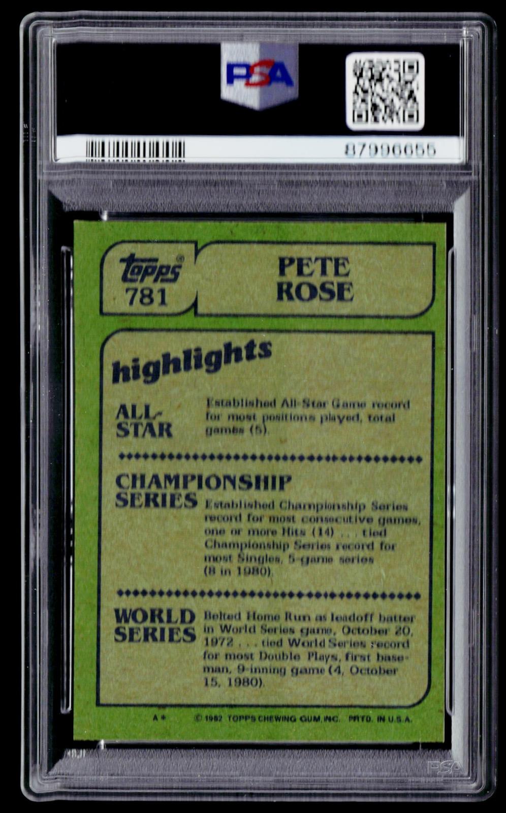 1982 Topps #781 Pete Rose Blackless PSA 8