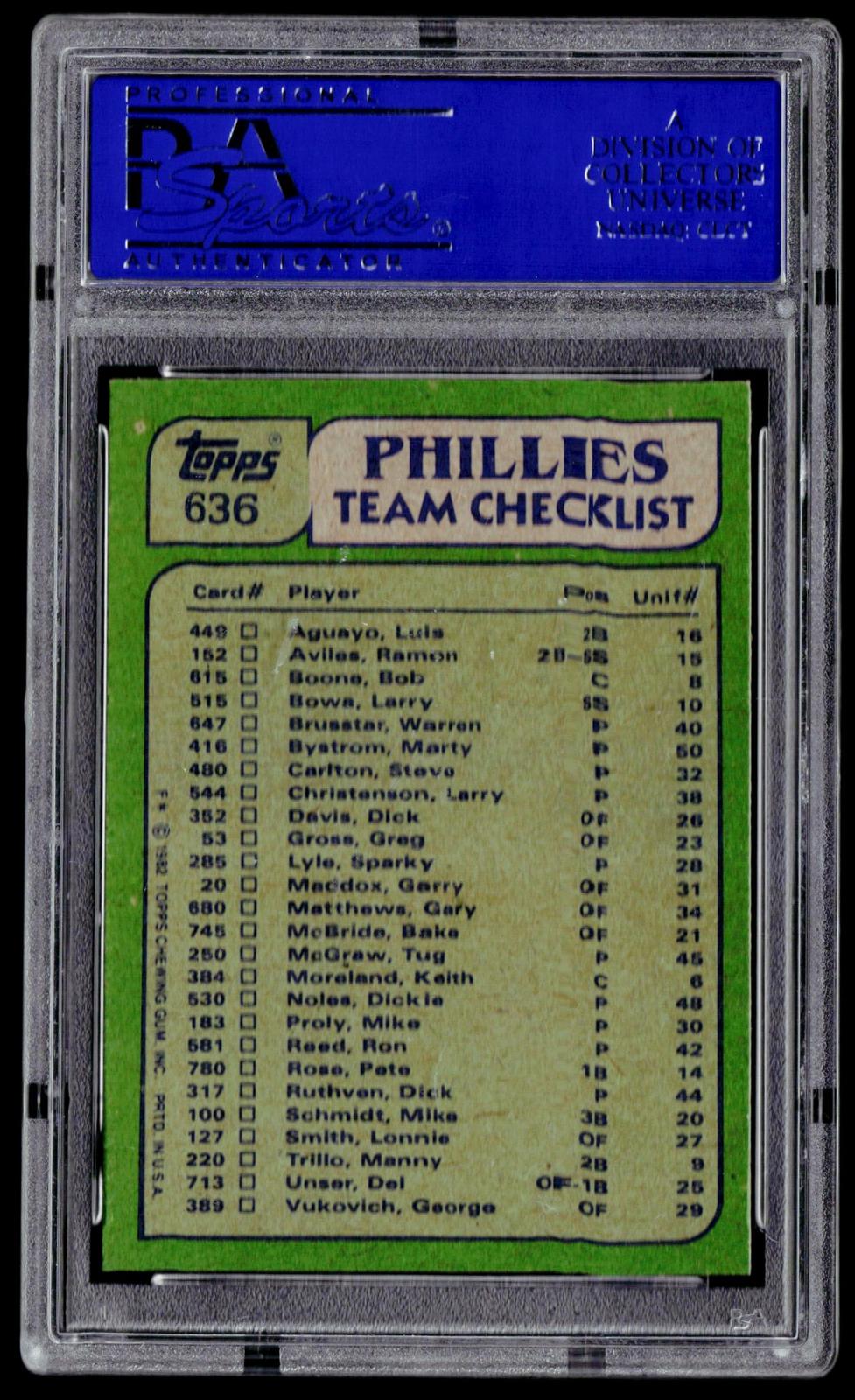 1982 Topps #636 Phillies Leaders / Checklist (Pete Rose / Steve Carlton) PSA 9