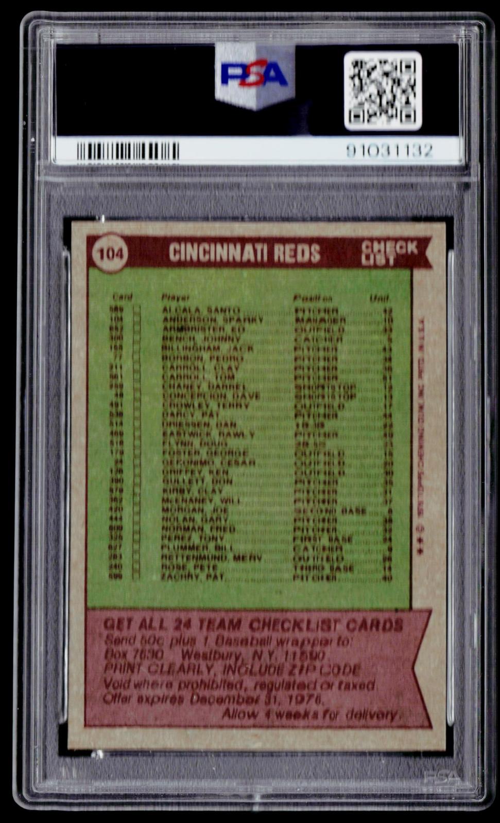 1976 Topps #104 Cincinnati Reds / Sparky Anderson PSA 8