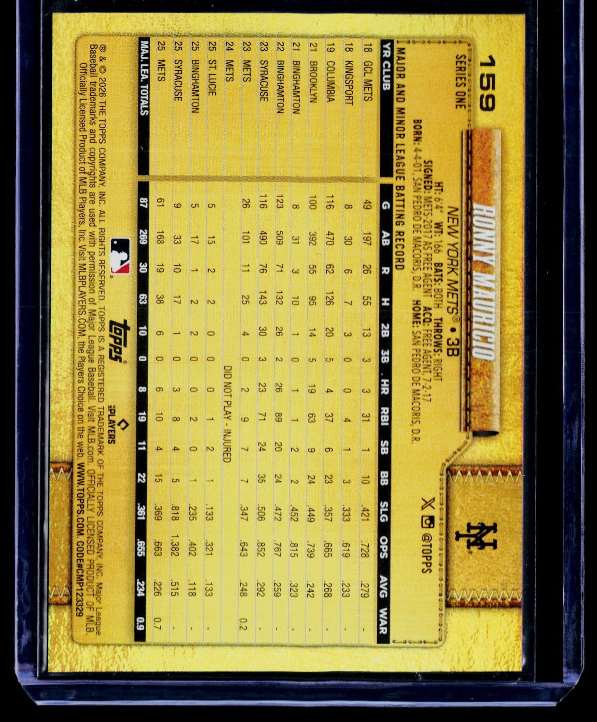 2026 Topps #159 Ronny Mauricio Golden Mirror Variations