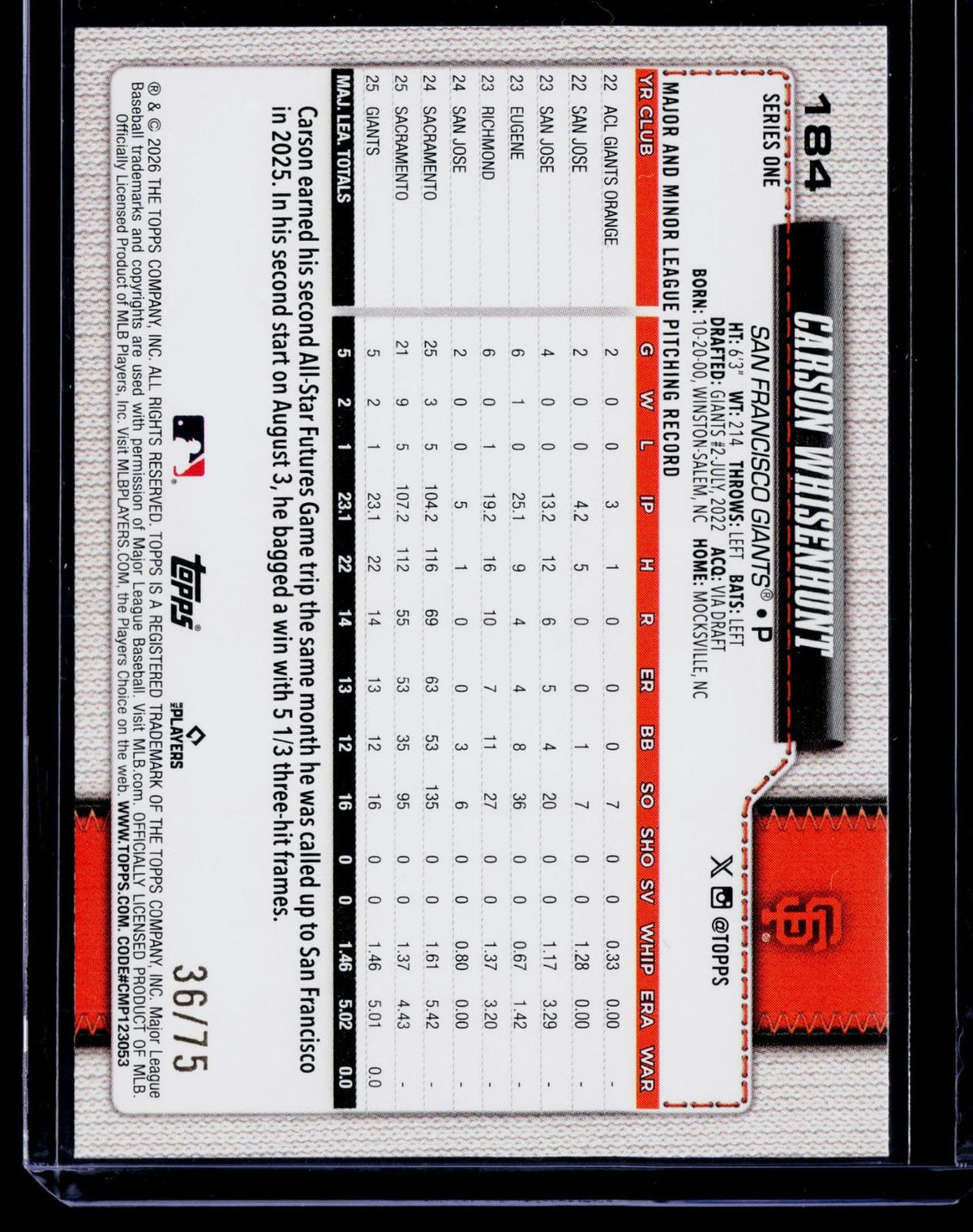 2026 Topps #184 Carson Whisenhunt 75 Years of Topps #/75