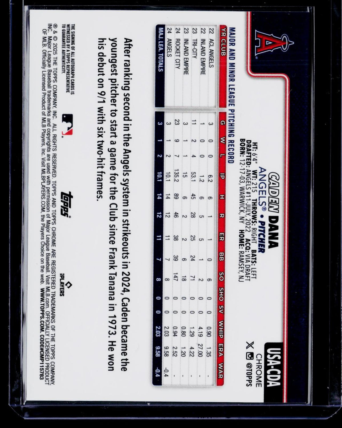 2025 Topps Chrome Update Sapphire #USA-CDA Caden Dana Auto Orange Sapphire #/25