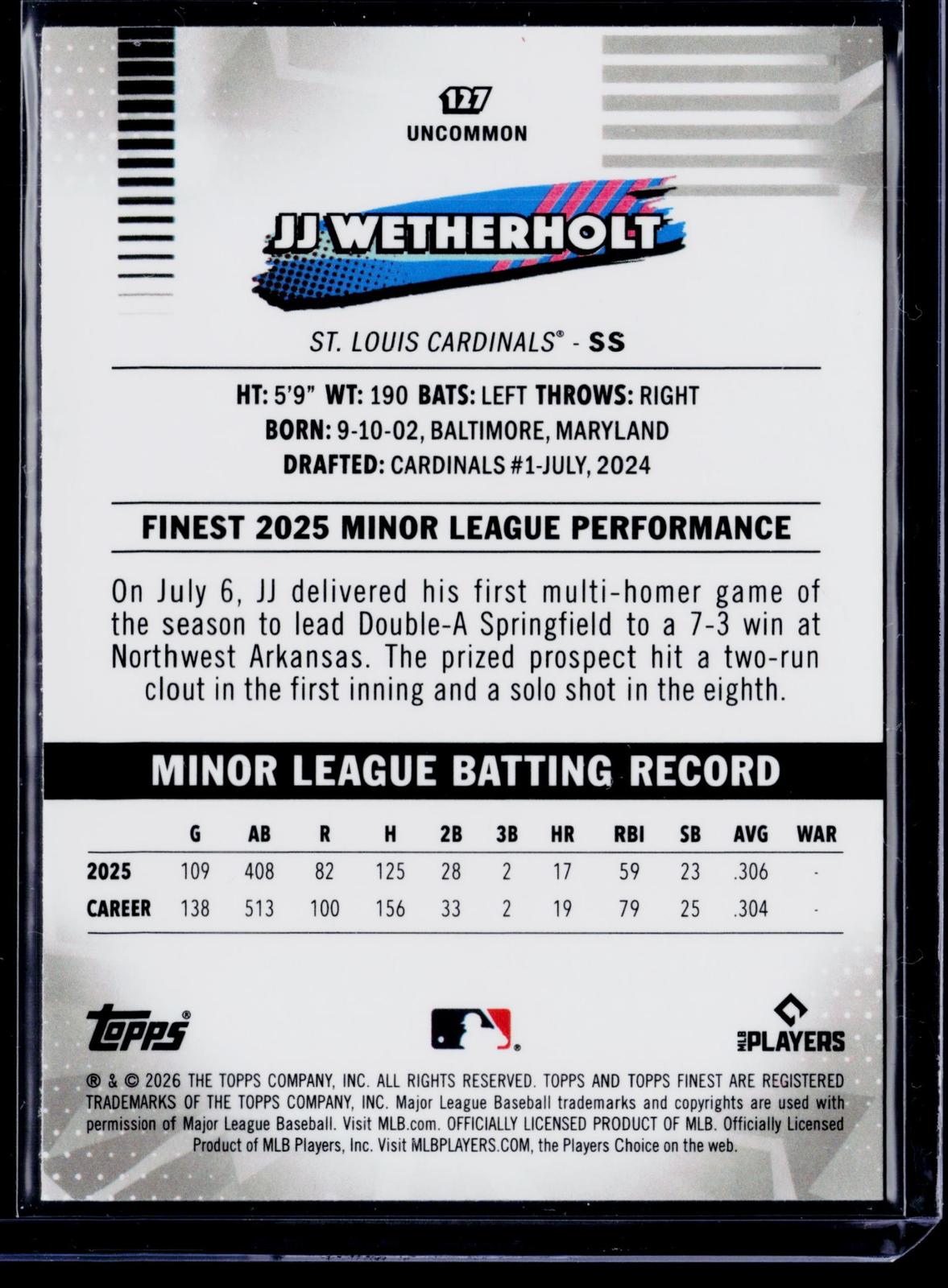 2026 Finest #127 JJ Wetherholt Yellow Refractor #/275