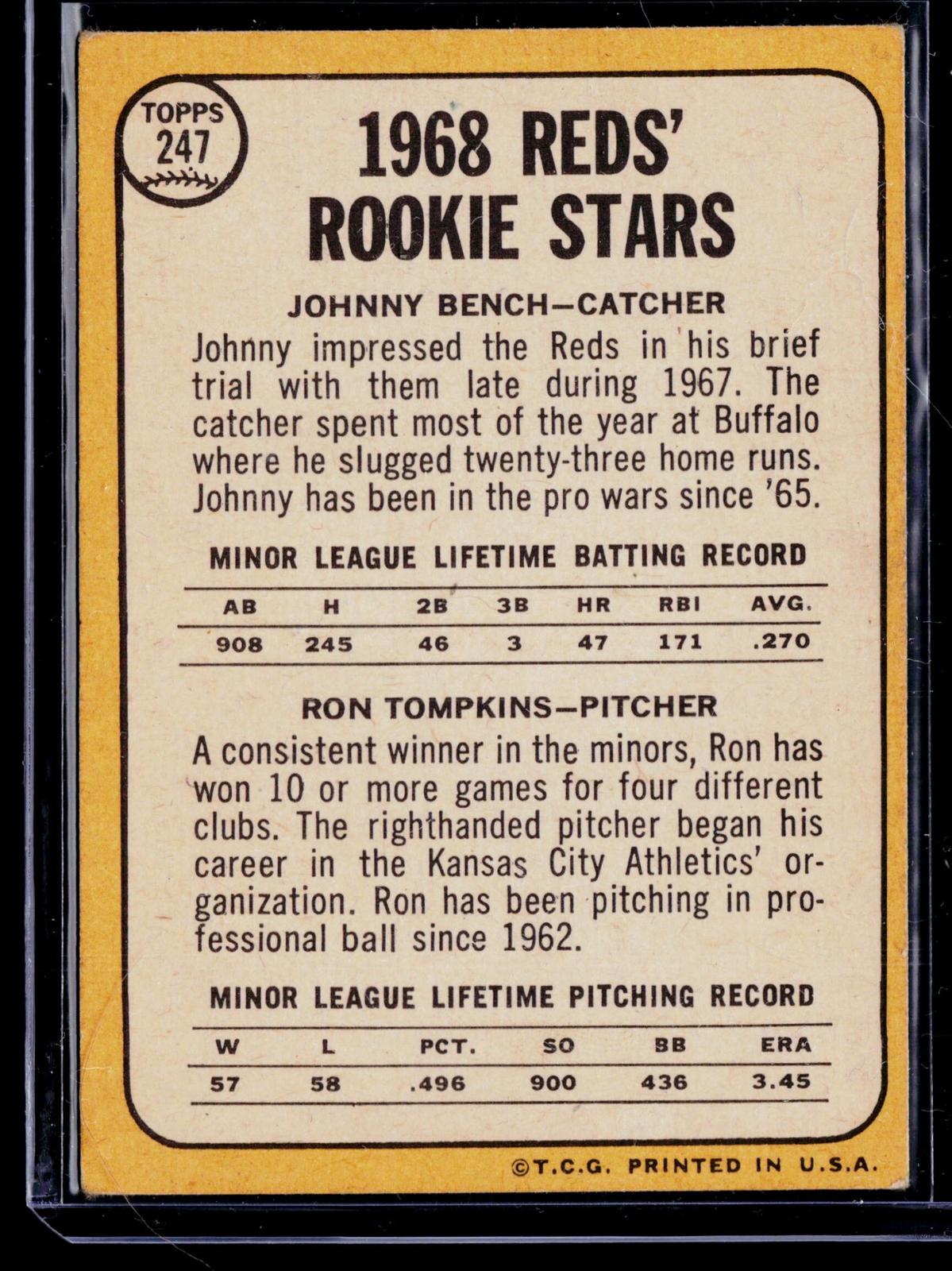 1968 Topps #247 Reds 1968 Rookie Stars (Johnny Bench / Ron Tompkins)