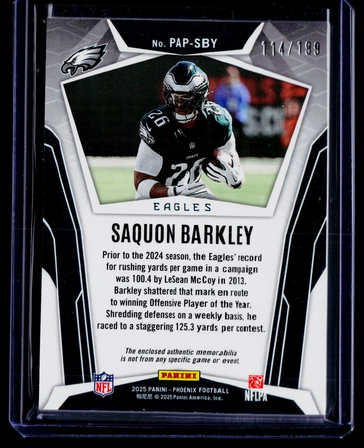 2025 Panini Phoenix #PAP-SBY Saquon Barkley Pandora Patch Blue Prizm #/199
