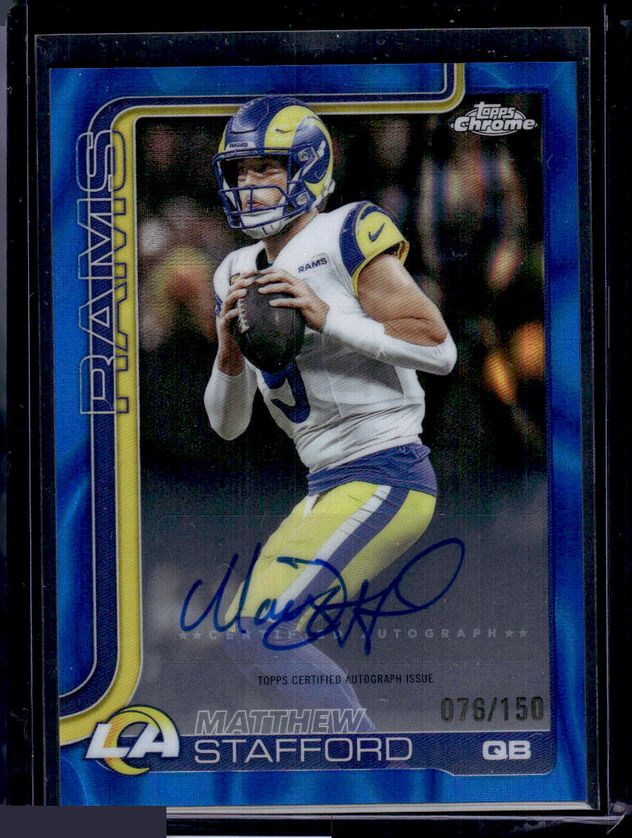 2025 Topps Chrome #169 Matthew Stafford Blue Wave Refractor Autographed /150