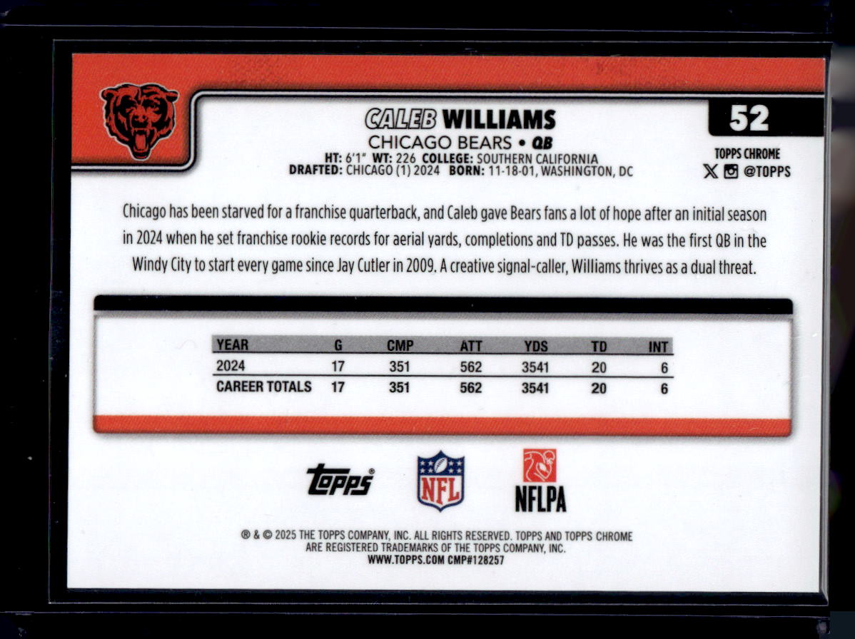 2025 Topps Chrome #52 Caleb Williams Yellow Wave Refractor /275