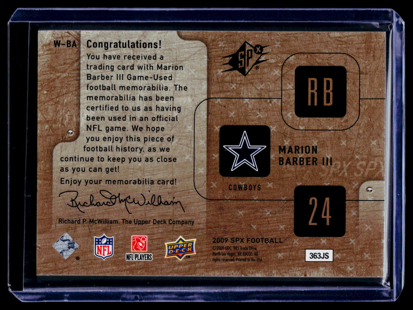 2009 SPx #W-BA Marion Barber III Winning Materials Jersey #/149