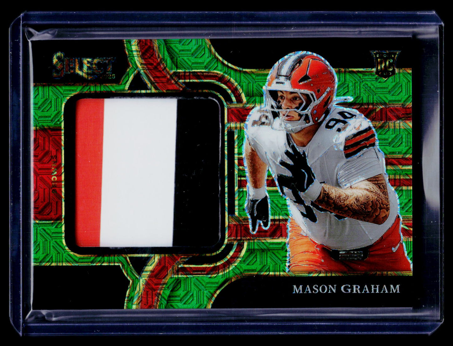 2025 Panini Select #JRSW-MGM Mason Graham Jumbo Rookie Swatch Green Prizm #/5
