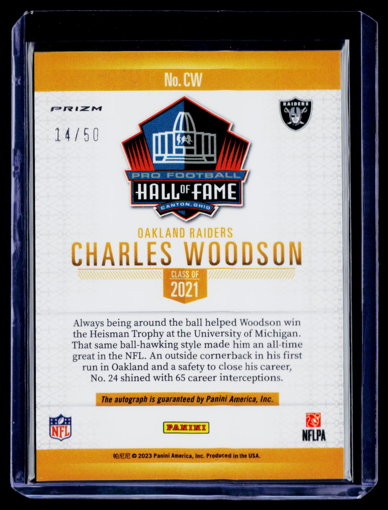 2023 Panini National Treasures #CW Charles Woodson HOF Signatures Prizm #/50