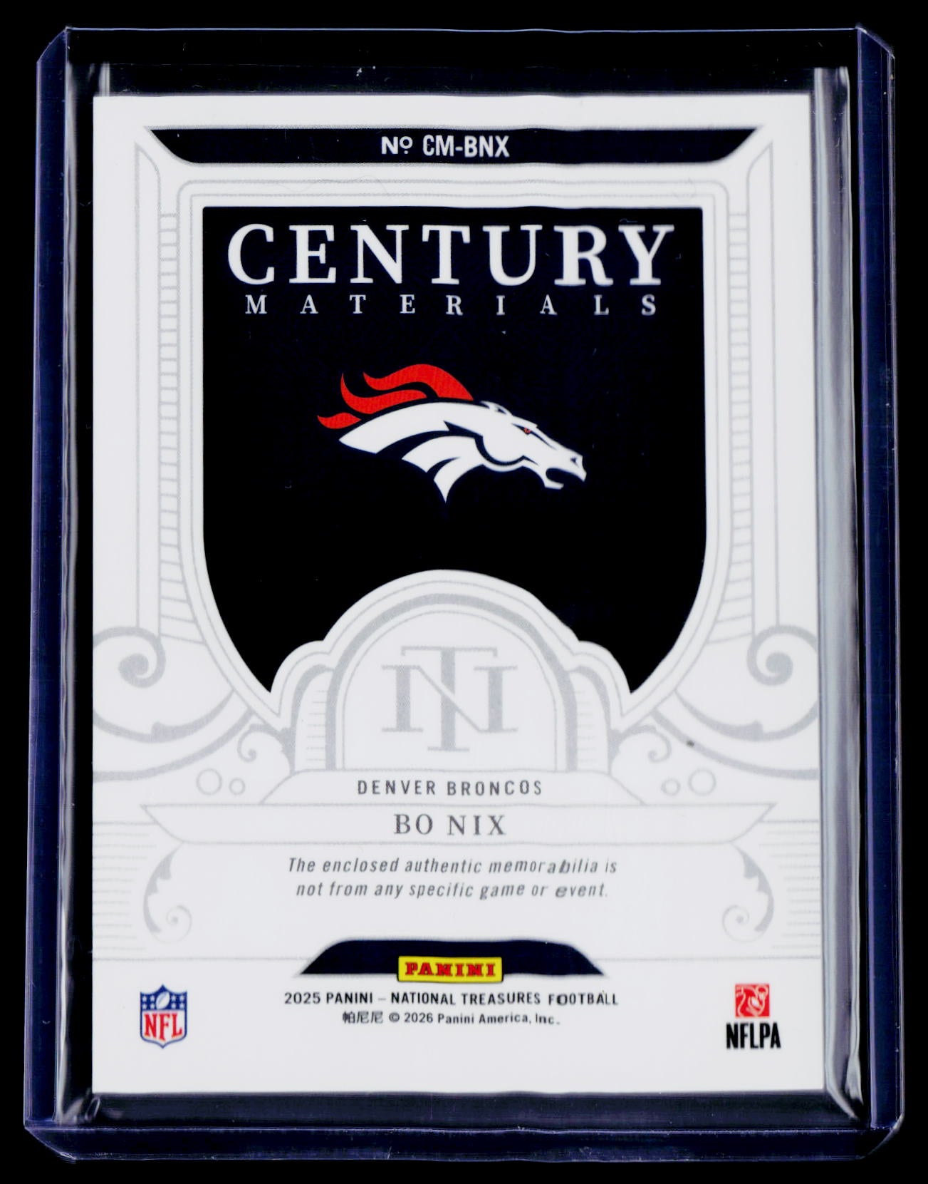2024 Panini National Treasures #CM-BNX Bo Nix Century Materials Holo Silver #/25