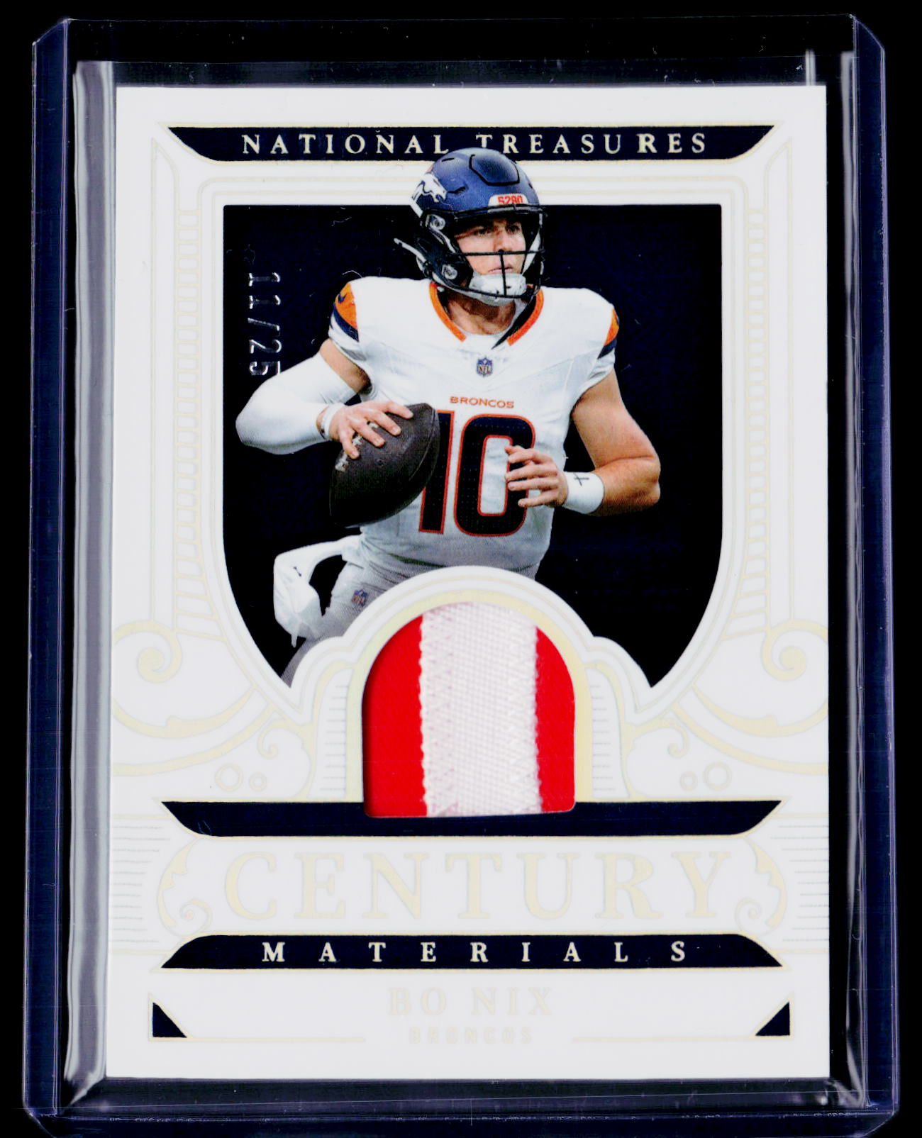 2024 Panini National Treasures #CM-BNX Bo Nix Century Materials Holo Silver #/25
