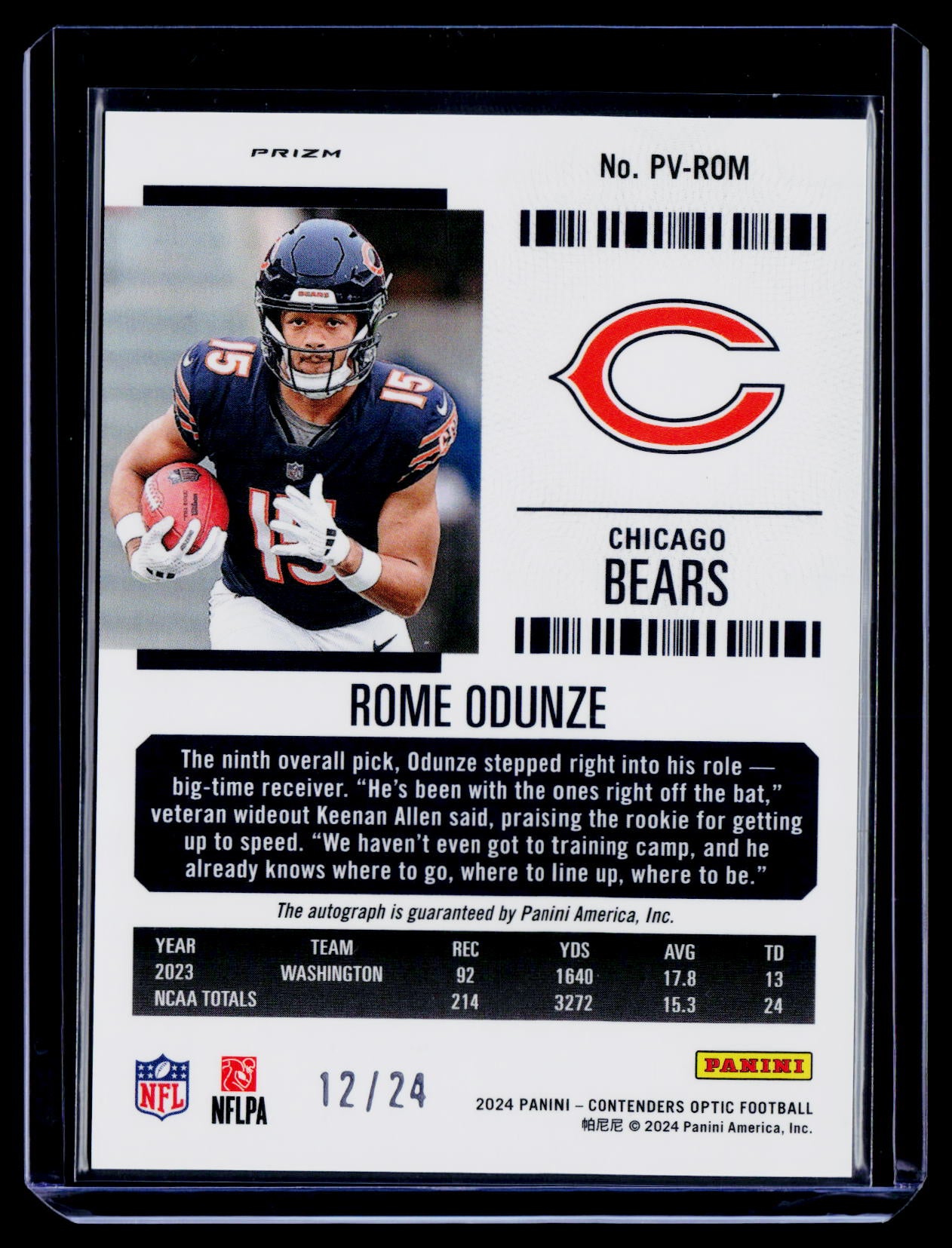 2024 #PV-ROM Rome Odunze Contenders Optic Rookie Ticket Variation Green #/24