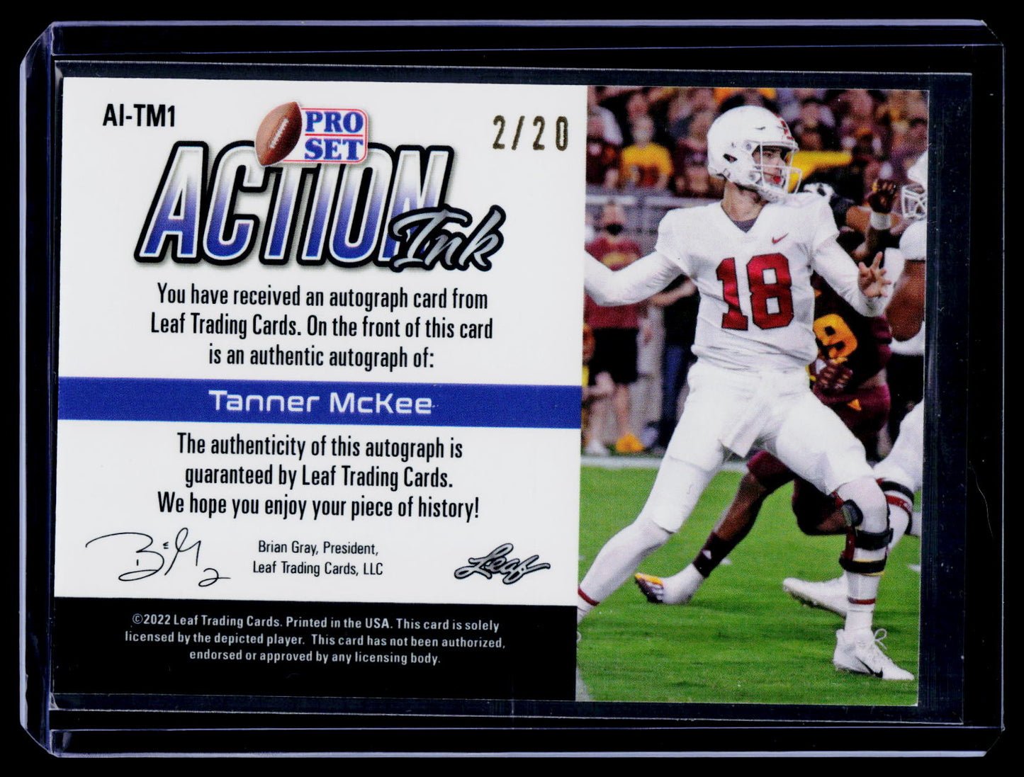 2022 Pro Set Metal #AI-TM1 Tanner McKee Action Ink Autographs Mojo Blue #/20