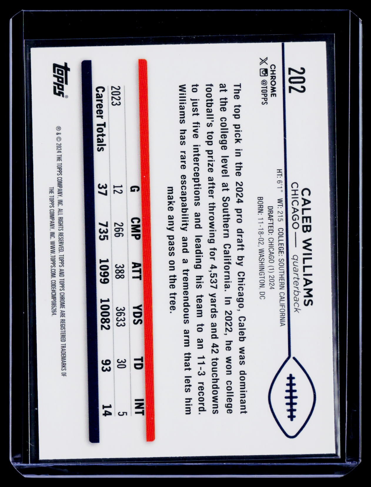 2024 Topps Chrome #202 Caleb Williams Blue Refractor #/150