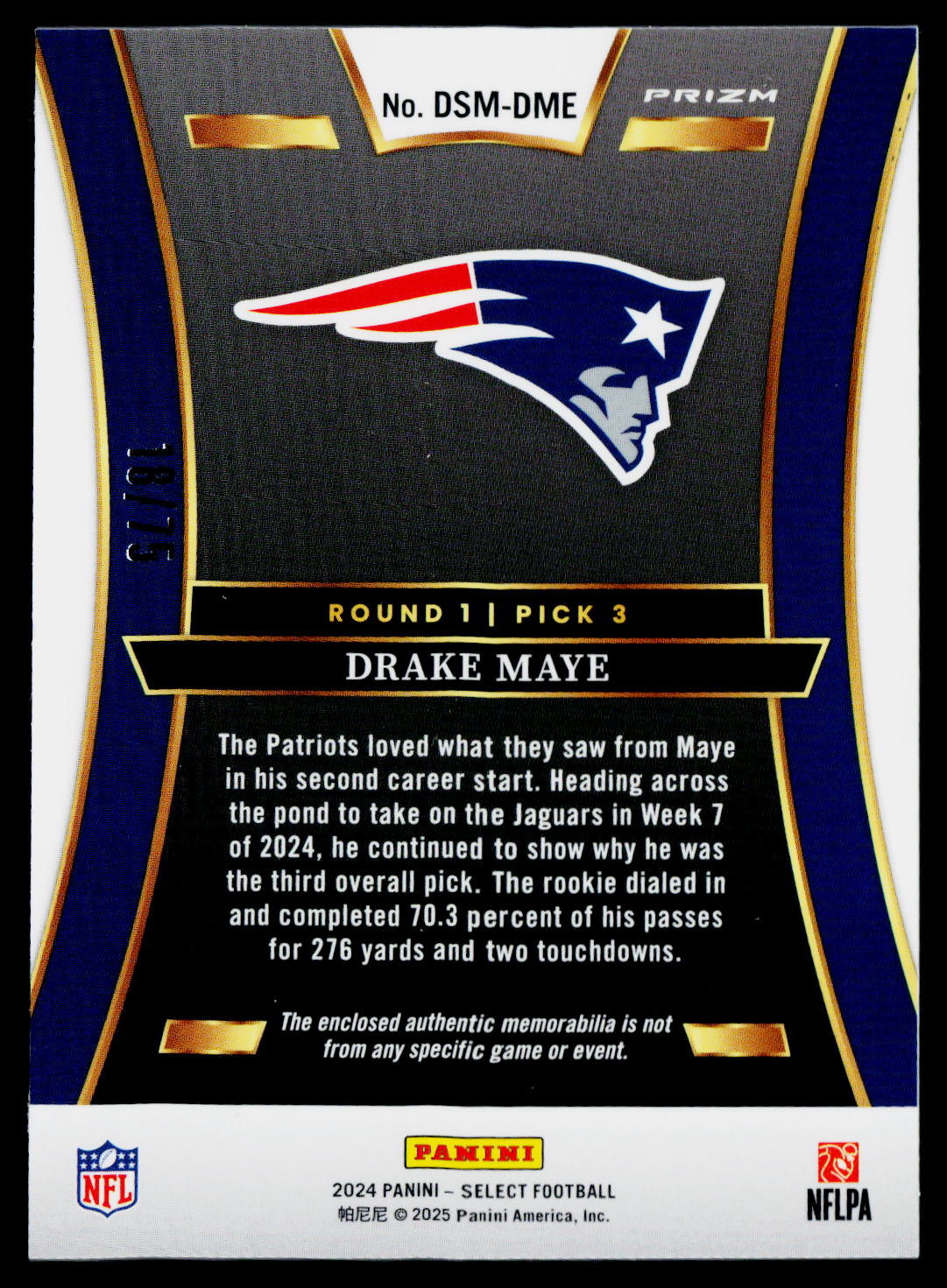 2024 Panini Select Drake Maye Draft Selections Memorabilia White Prizm #/75