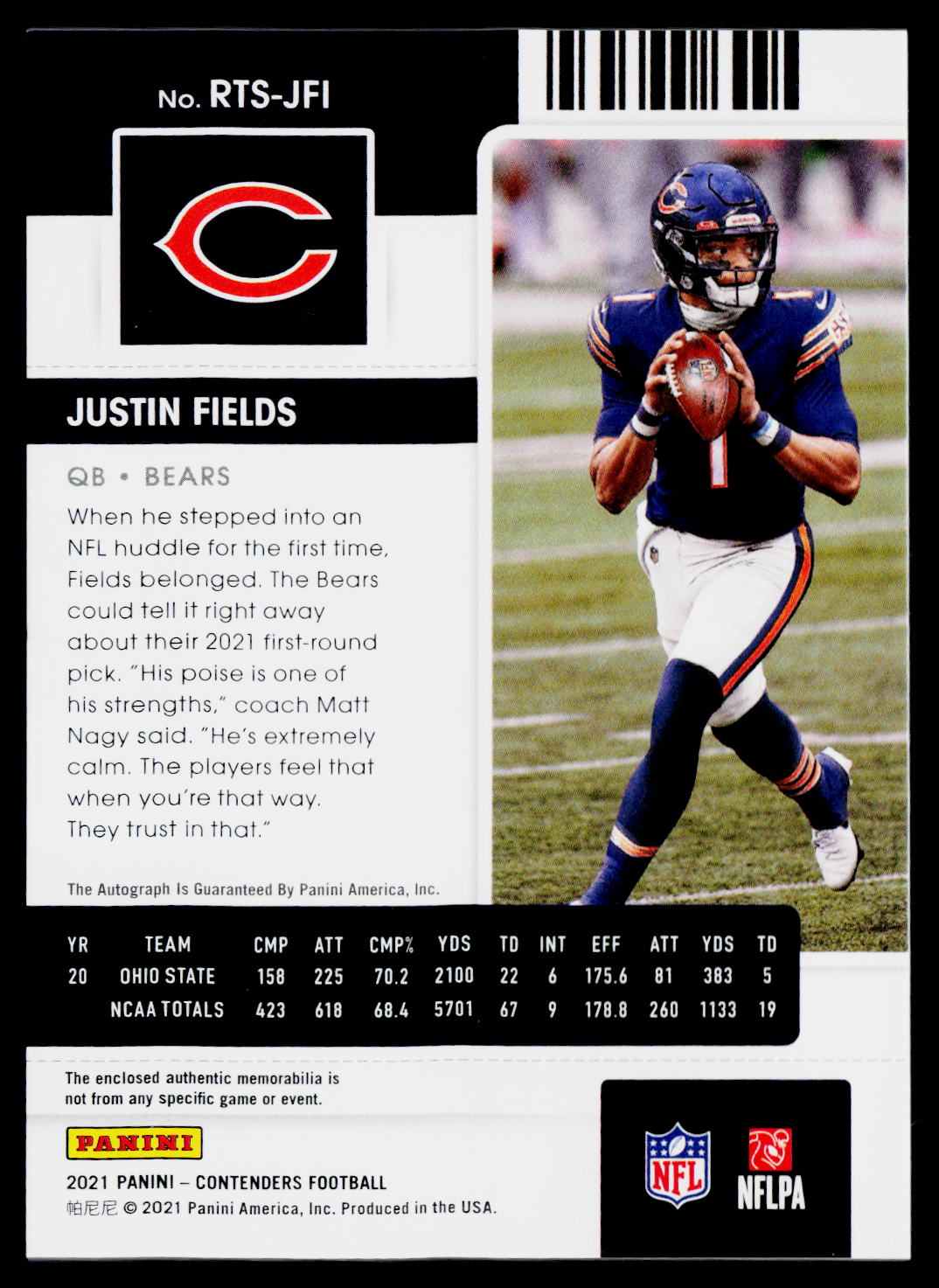 2021 Panini Contenders #RTS-JFI Justin Fields Rookie Ticket Swatches
