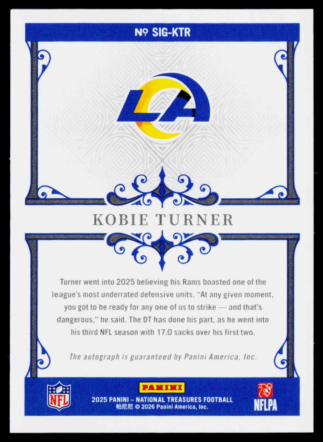 2025 Panini National Treasures #SIG-KTR Kobie Turner Signatures #/99