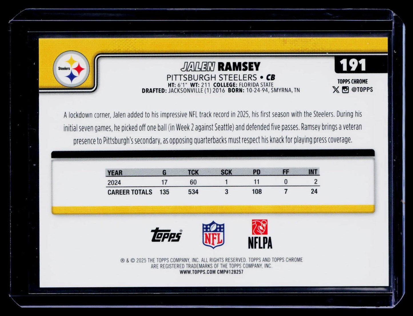 2025 Topps Chrome #191 Jalen Ramsey Gold Refractor #/50