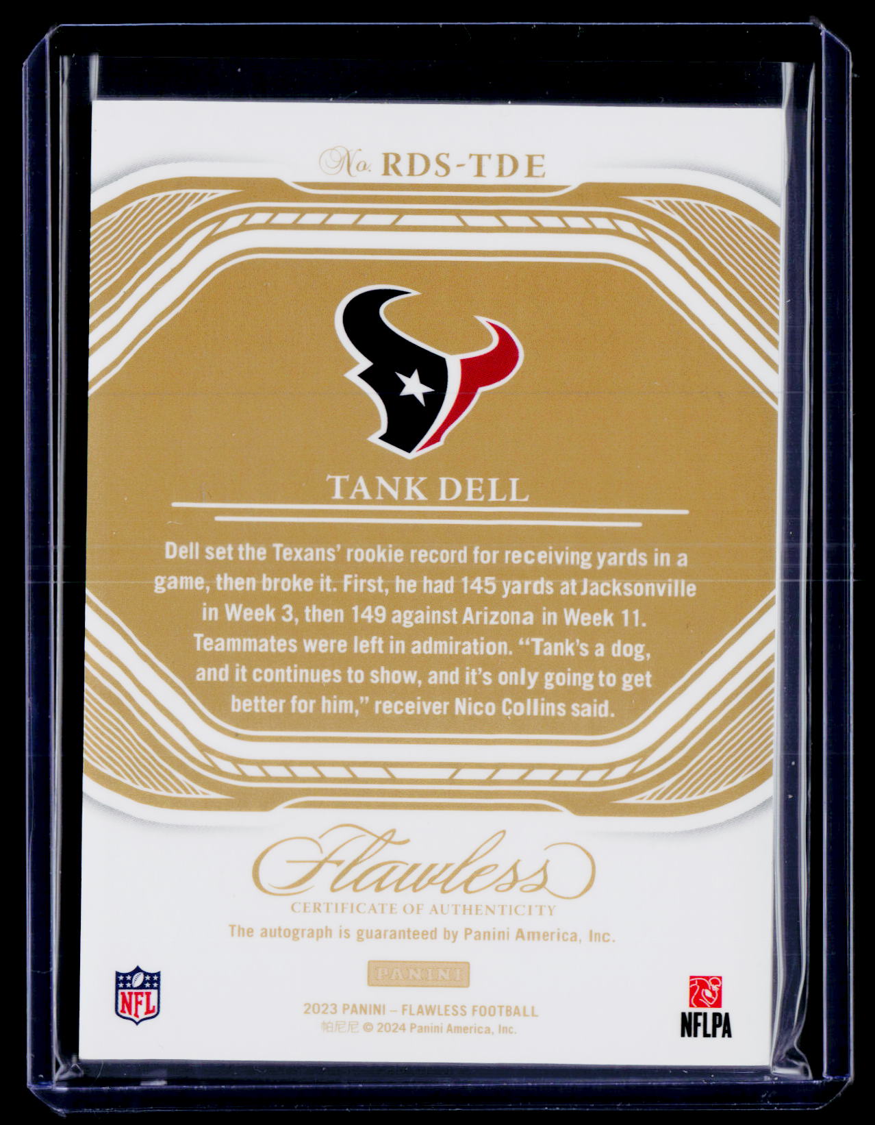 2023 Panini Flawless #RDS-TDE Tank Dell Rookie Debut Signatures Sapphire #/10
