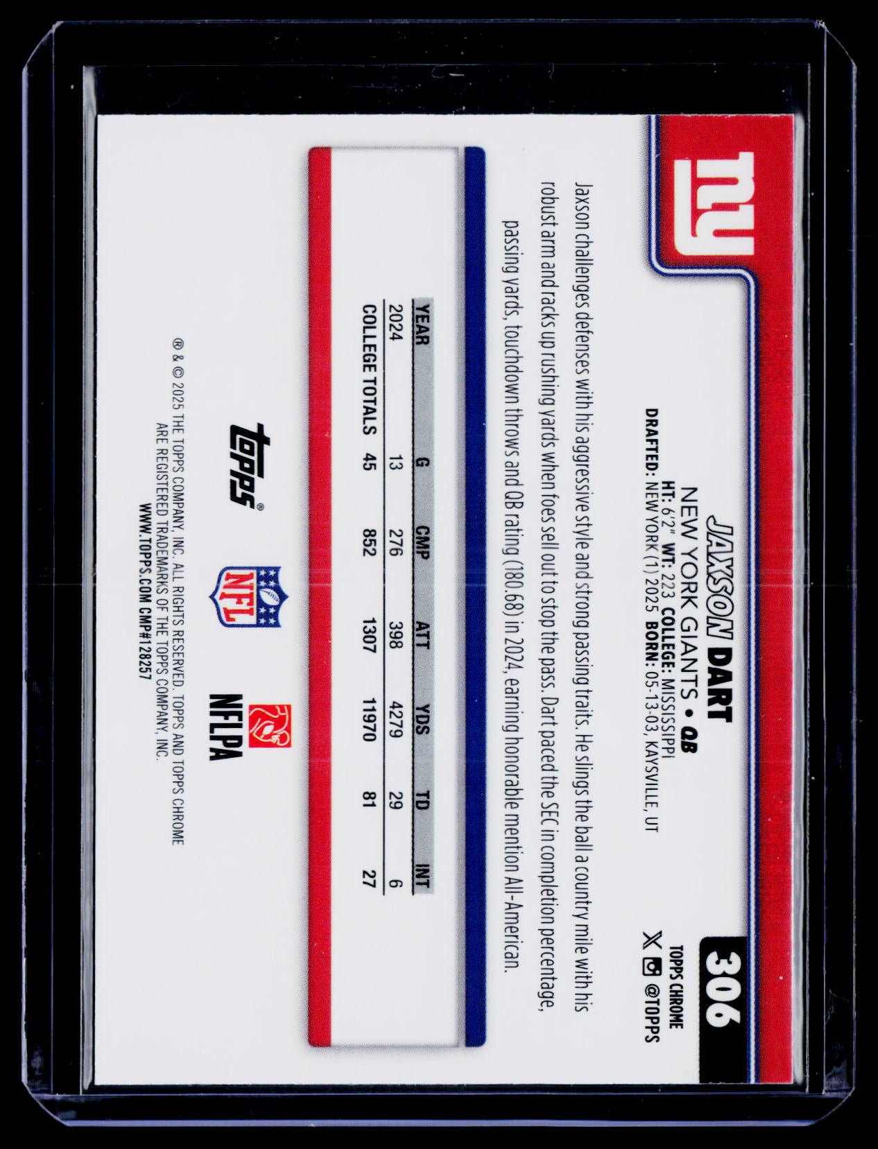 2025 Topps Chrome #306 Jaxson Dart X-Fractor