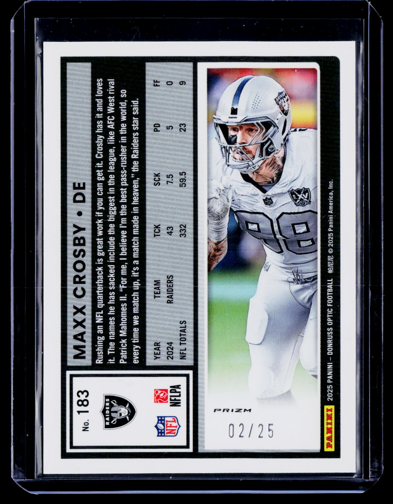 2025 Donruss Optic #183 Maxx Crosby Black Pandora #/25