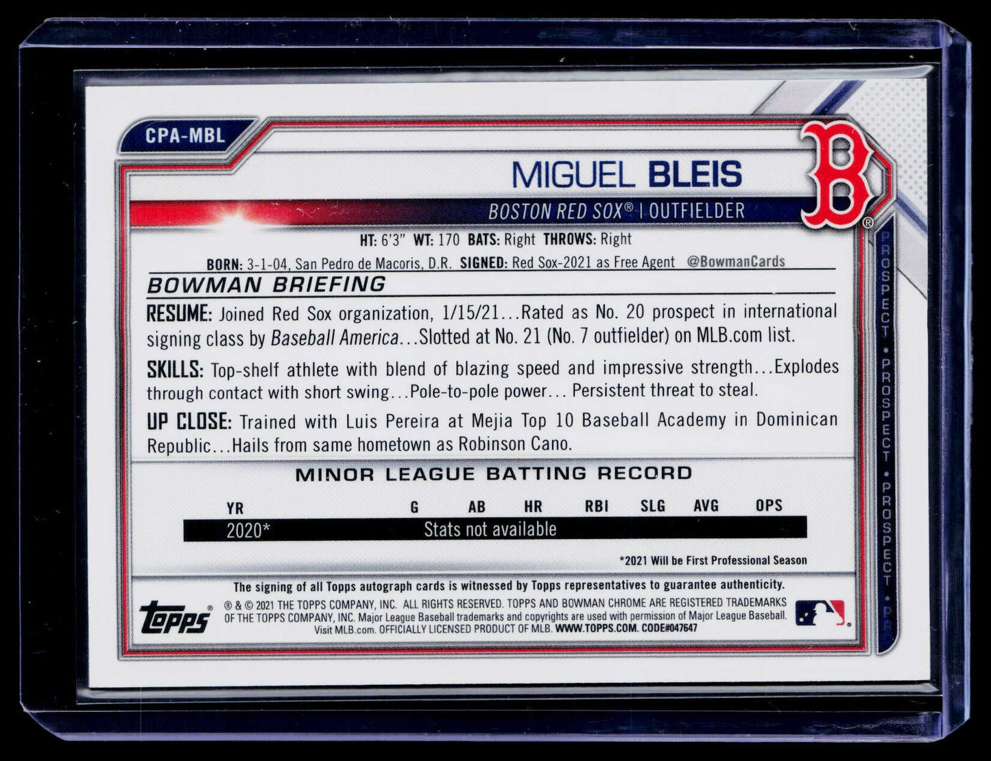 2021 Bowman Chrome Miguel Bleis Prospect Autographs Atomic Refractor #/100