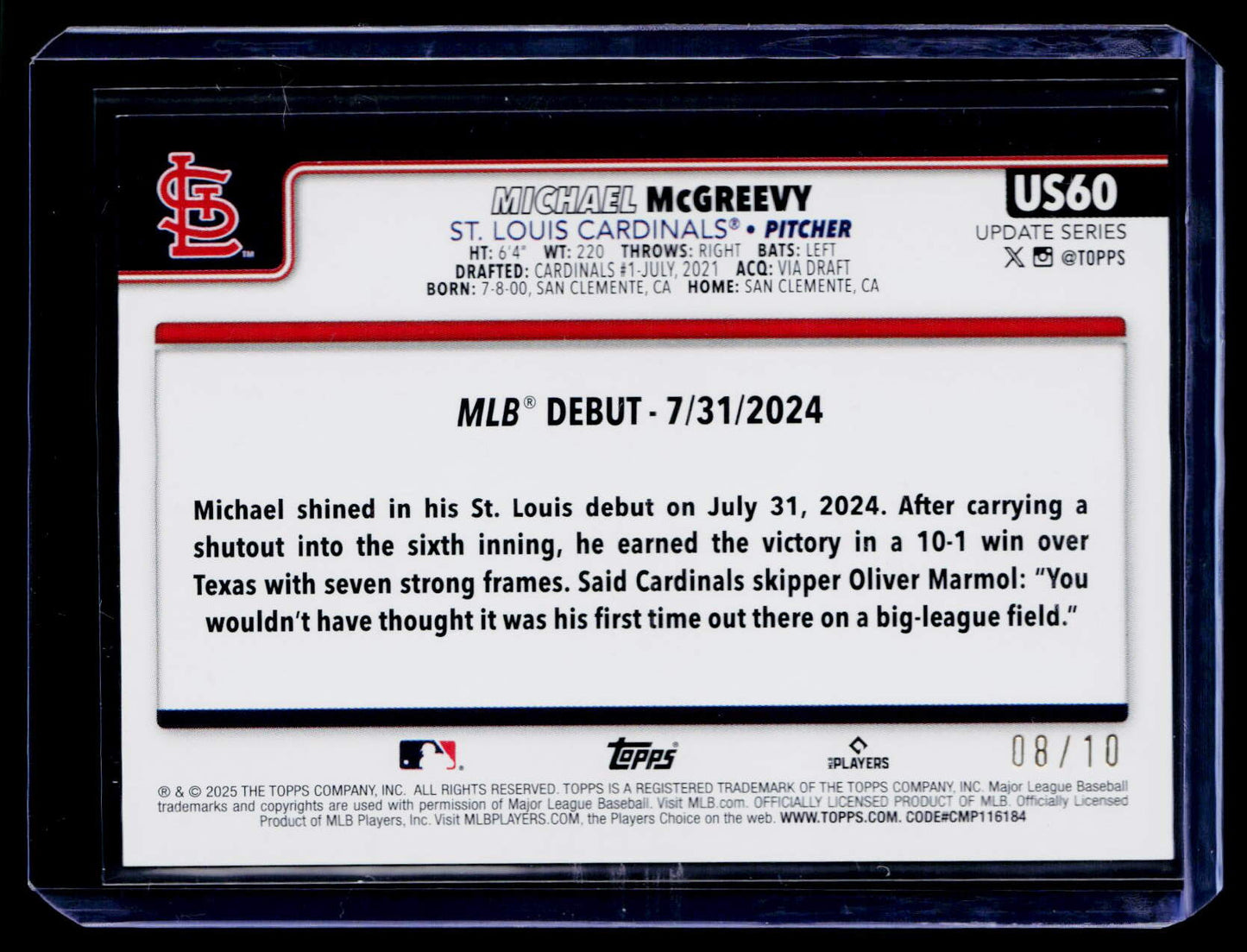 2025 Topps Update #US60 Michael McGreevy Black Holo Foil #/10