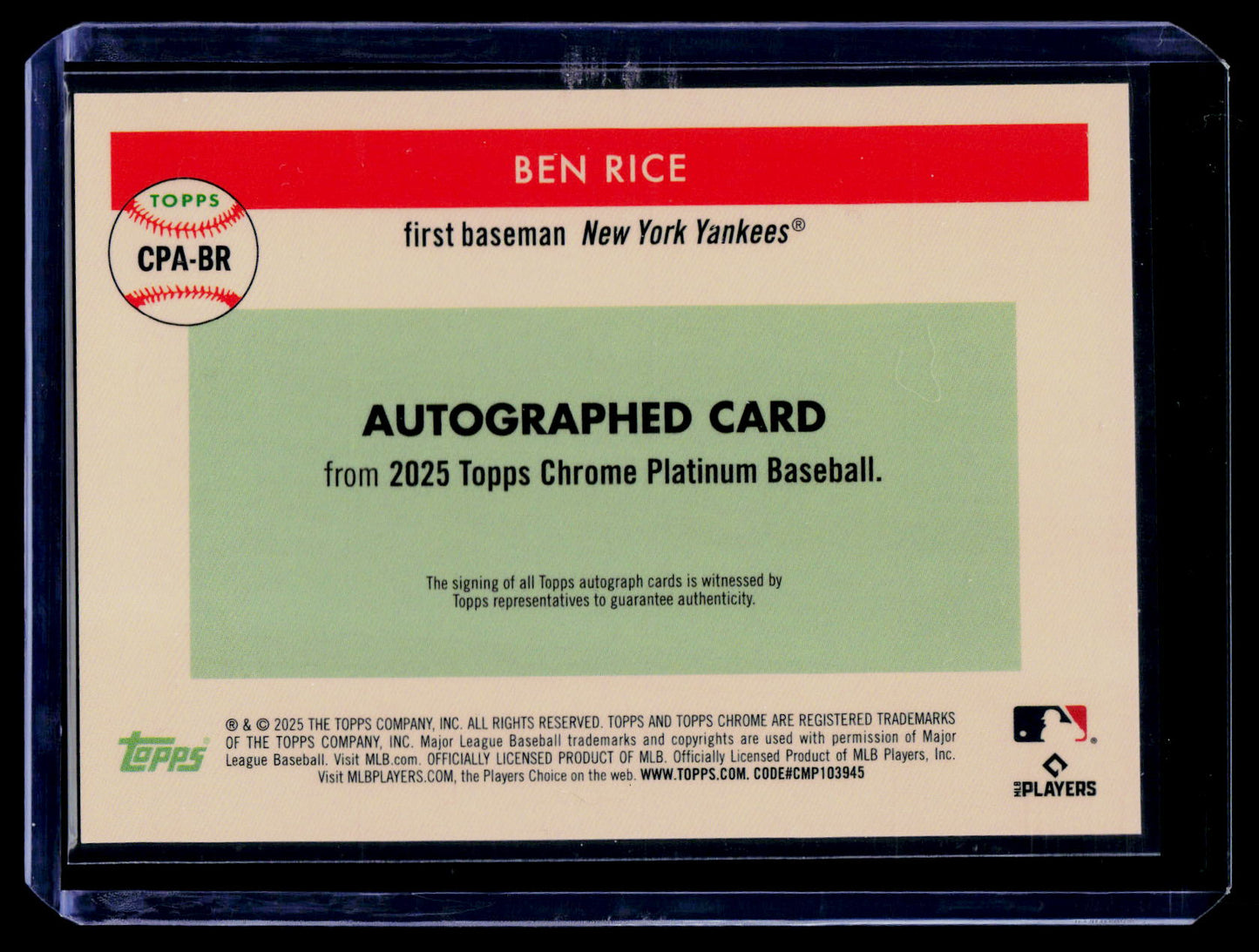 2025 Topps Chrome Platinum #CPA-BR Ben Rice Chrome Platinum Autographs