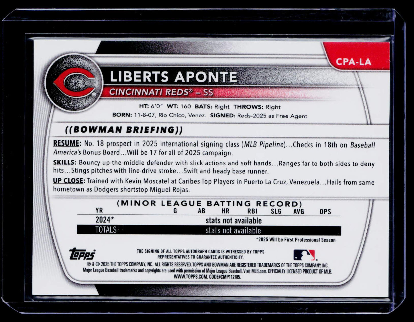 2025 Bowman Chrome #CPA-LA Liberts Aponte Prospect Autographs Reptilian Red #/5