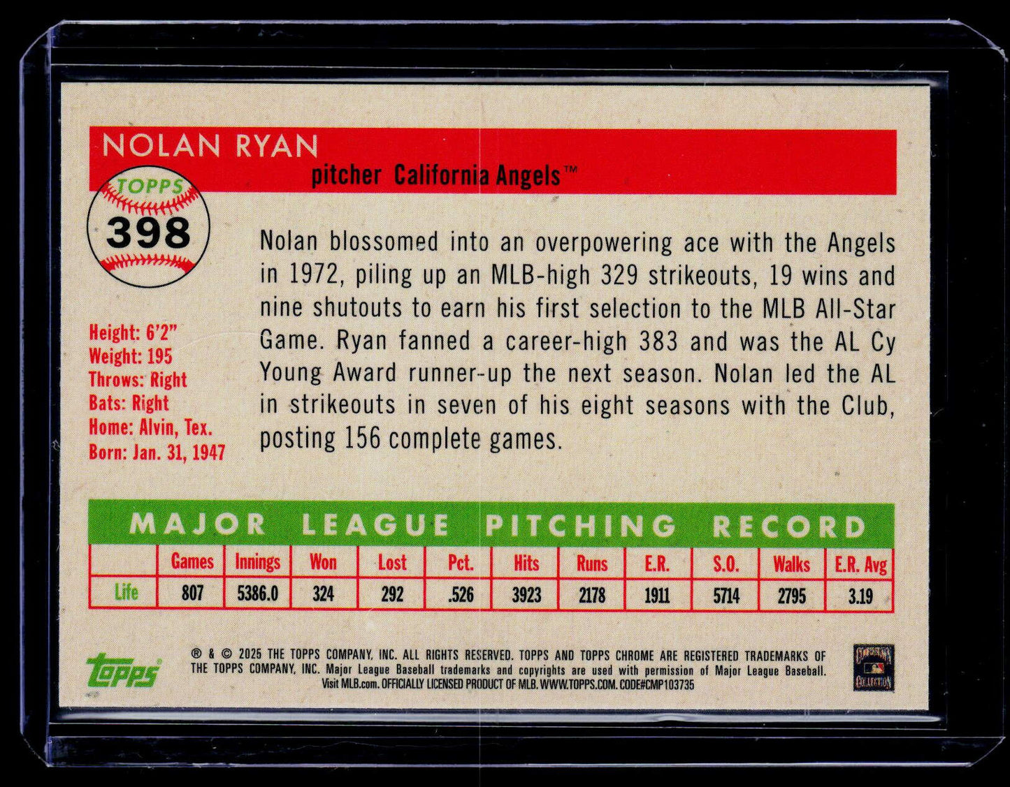 2025 Topps Chrome Platinum #398 Nolan Ryan Green Wave Refractors #/99