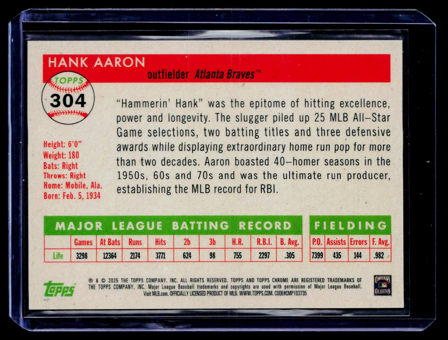 2025 Topps Chrome Platinum #304 Hank Aaron Orange Refractors #/25