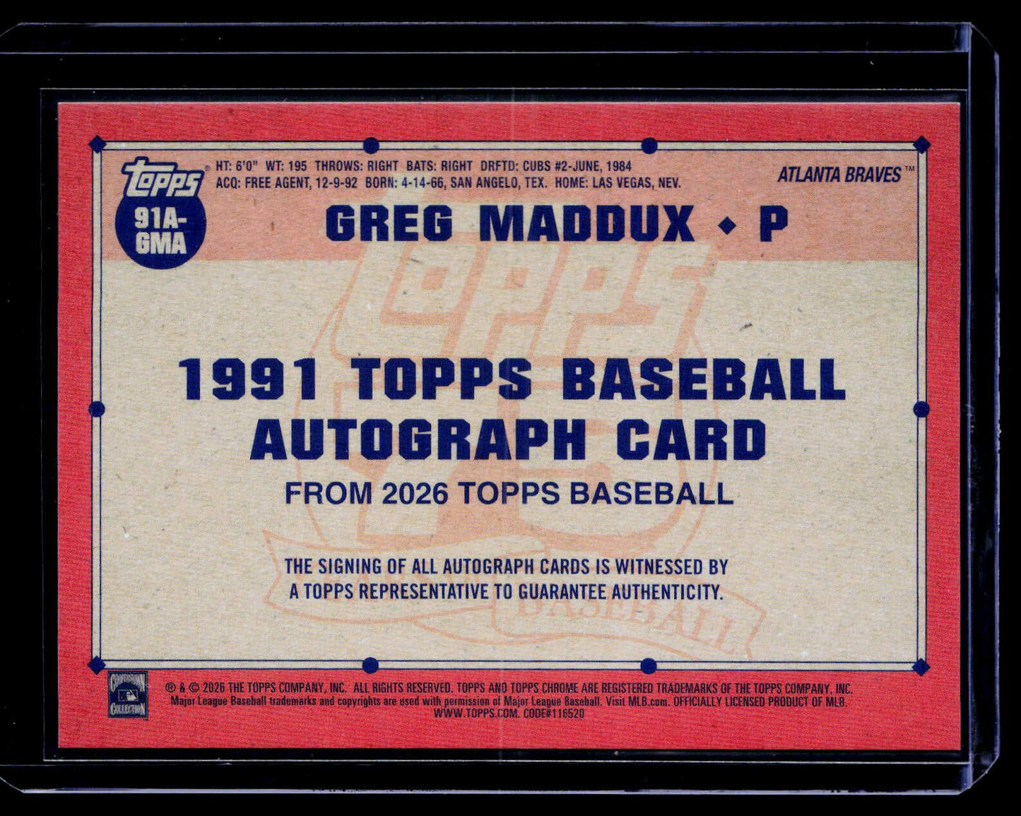 2026 Topps #91A-GMA Greg Maddux 1991 Topps Baseball 35th Anniversary Autographs