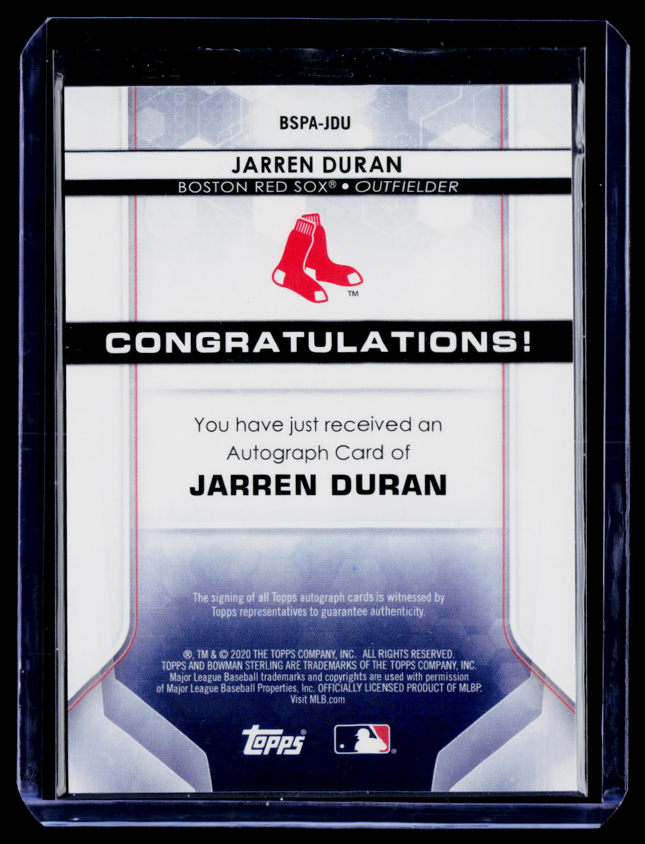 2020 Bowman Sterling #BSPA-JDU Jarren Duran Prospect Autographs