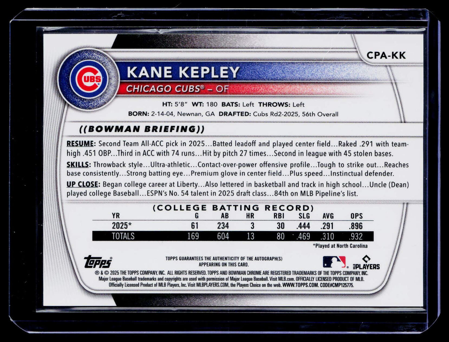 2025 Bowman Draft Sapphire Edition Kane Kepley Chrome Prospect Autographs #/199