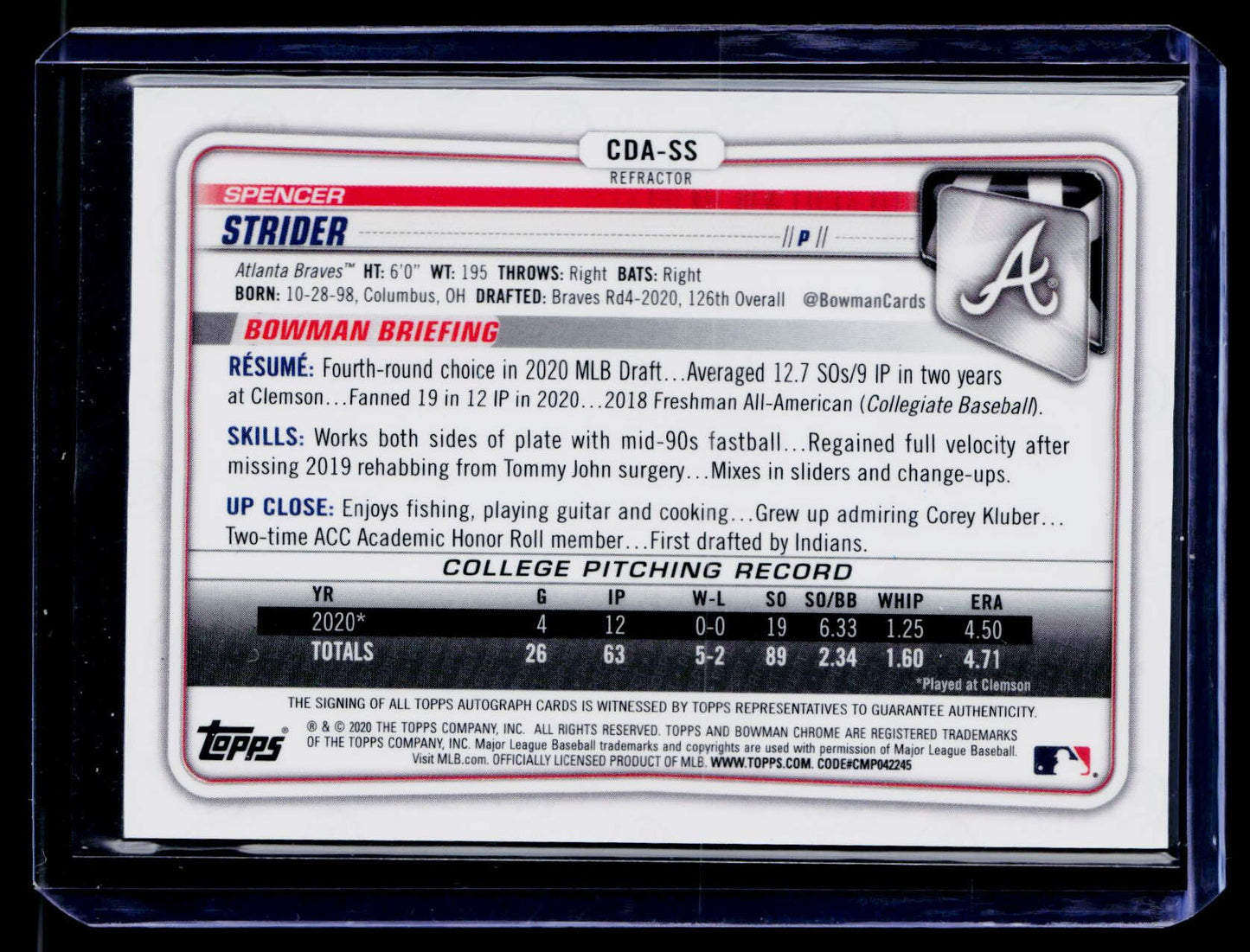 2020 Bowman Draft Spencer Strider Chrome Draft Pick Autographs Refractor #/499