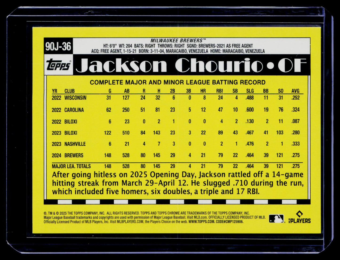 2025 Topps Update Jackson Chourio 1990 35th Anniversary Japan Black Foil #/10