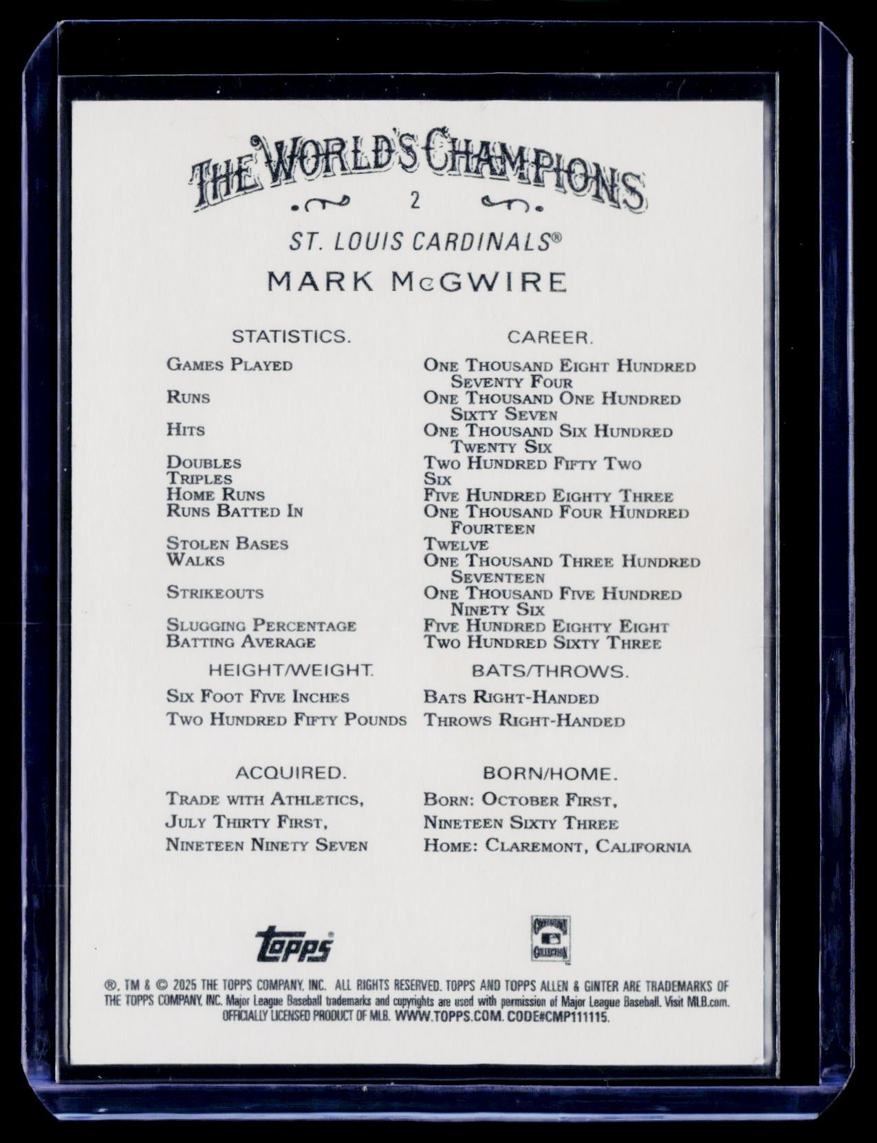 2025 Topps Allen & Ginter #2 Mark McGwire Foil Filagree Black #/10