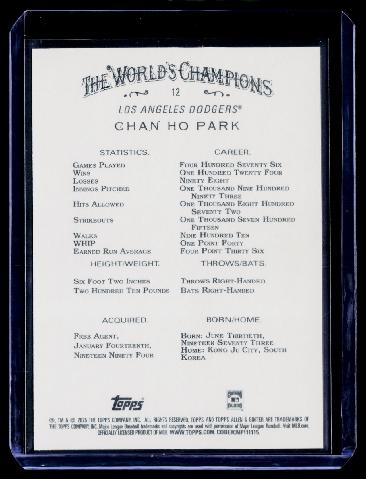 2025 Topps Allen & Ginter #12 Chan Ho Park Foil Filagree Gold #/50