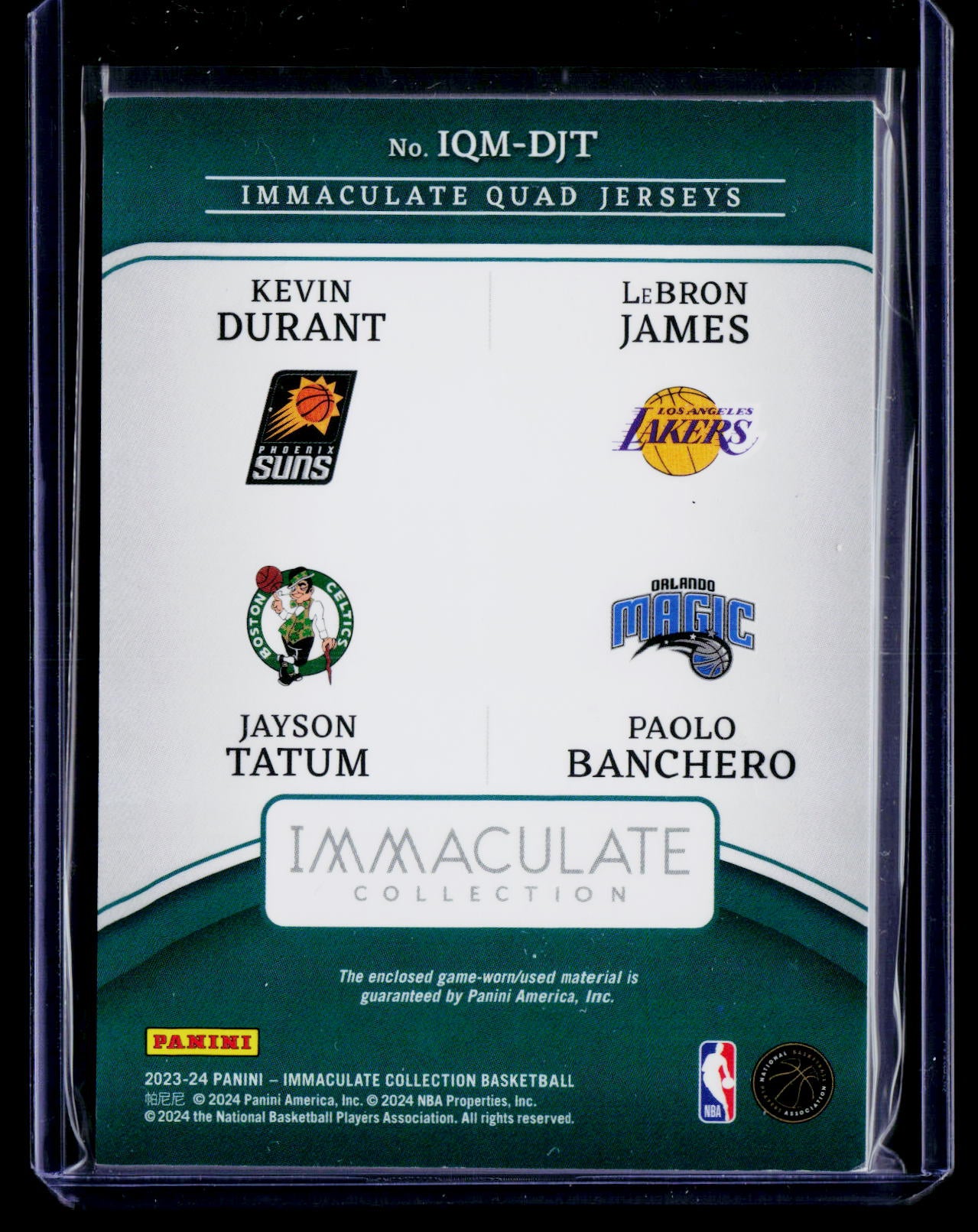 2023-24 Immaculate LeBron / Kevin / Paolo/ Jayson Quad Memorabilia #/99