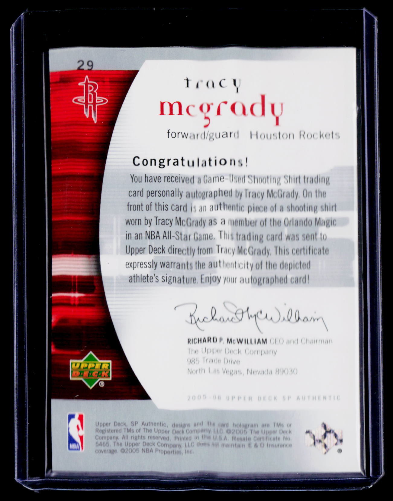 2005-06 SP Authentic #29 Tracy McGrady Limited Warm Ups Autographs #/100