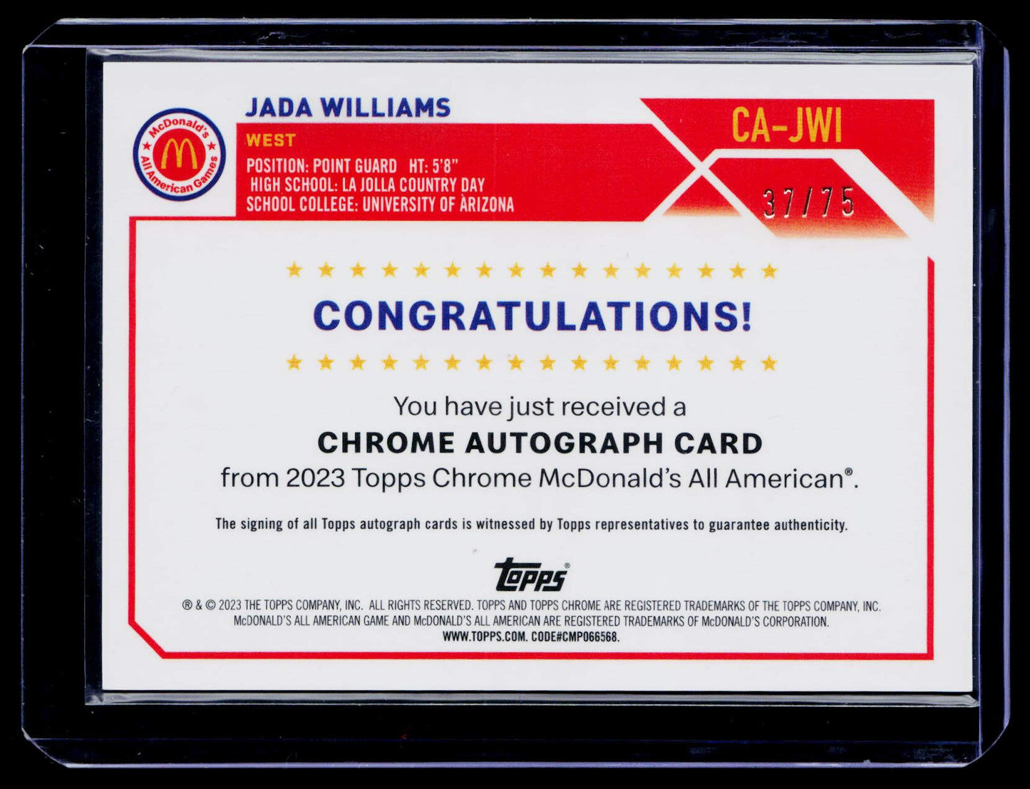 2023 Topps Chrome McDonald's Jada Williams Chrome Autographs Yellow #/75