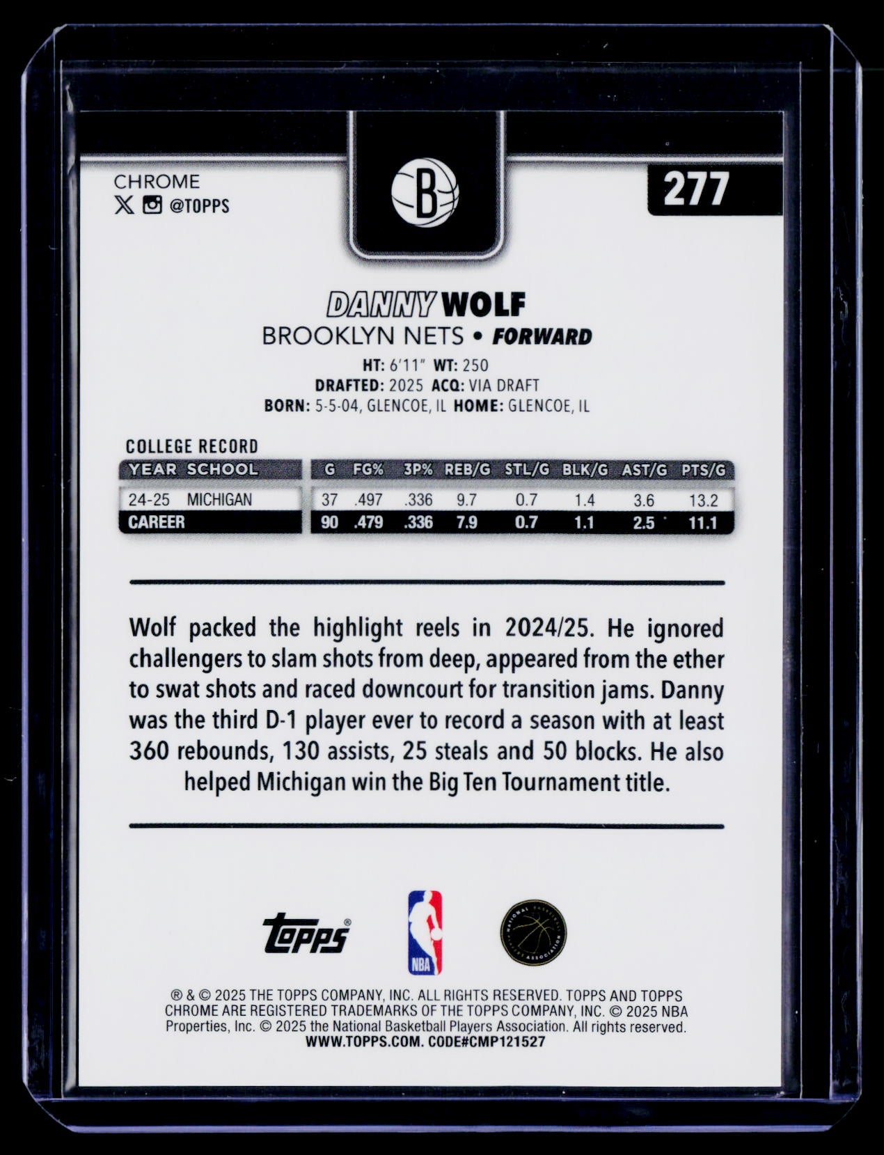 2025-26 Topps Chrome #277 Danny Wolf Orange Pulsar Refractor #/25