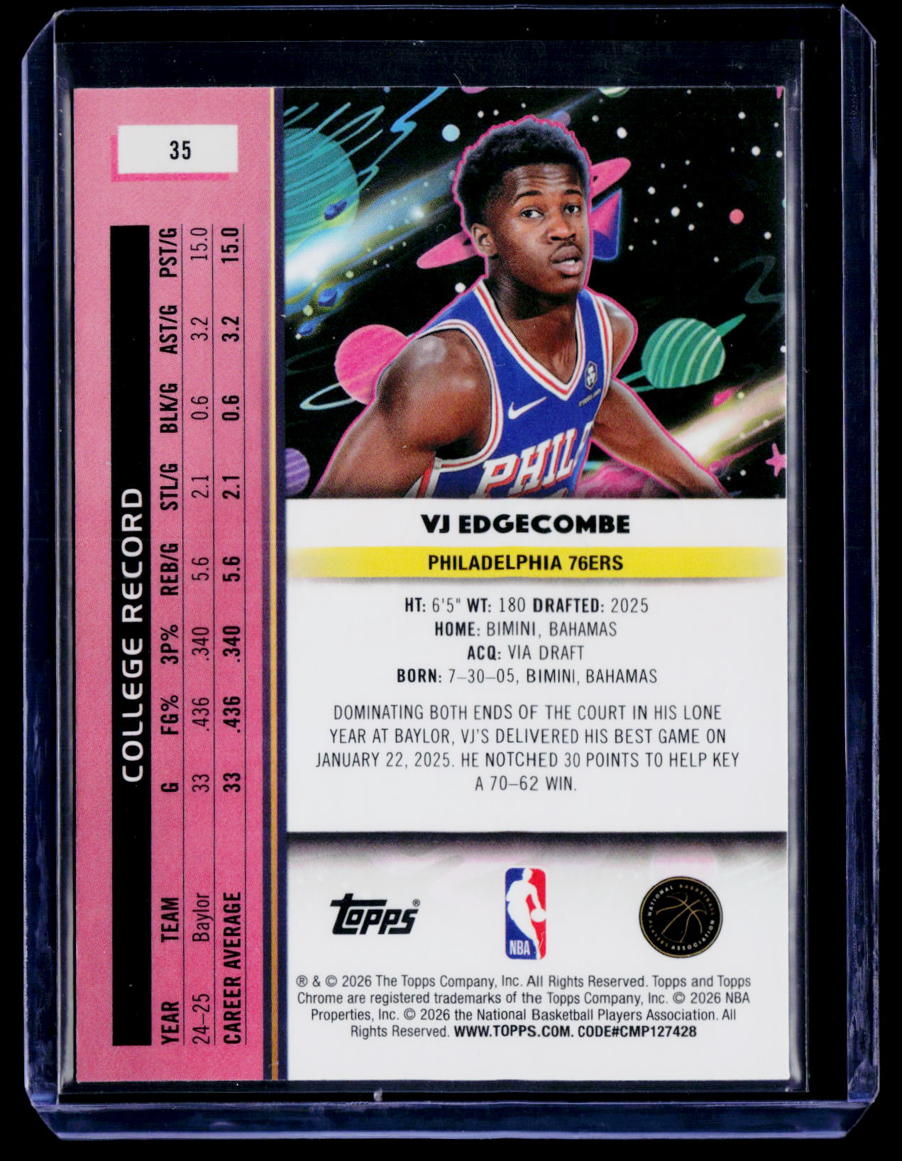 2025-26 Topps Chrome Cosmic #35 VJ Edgecombe Purple Nebula Refractor #/150