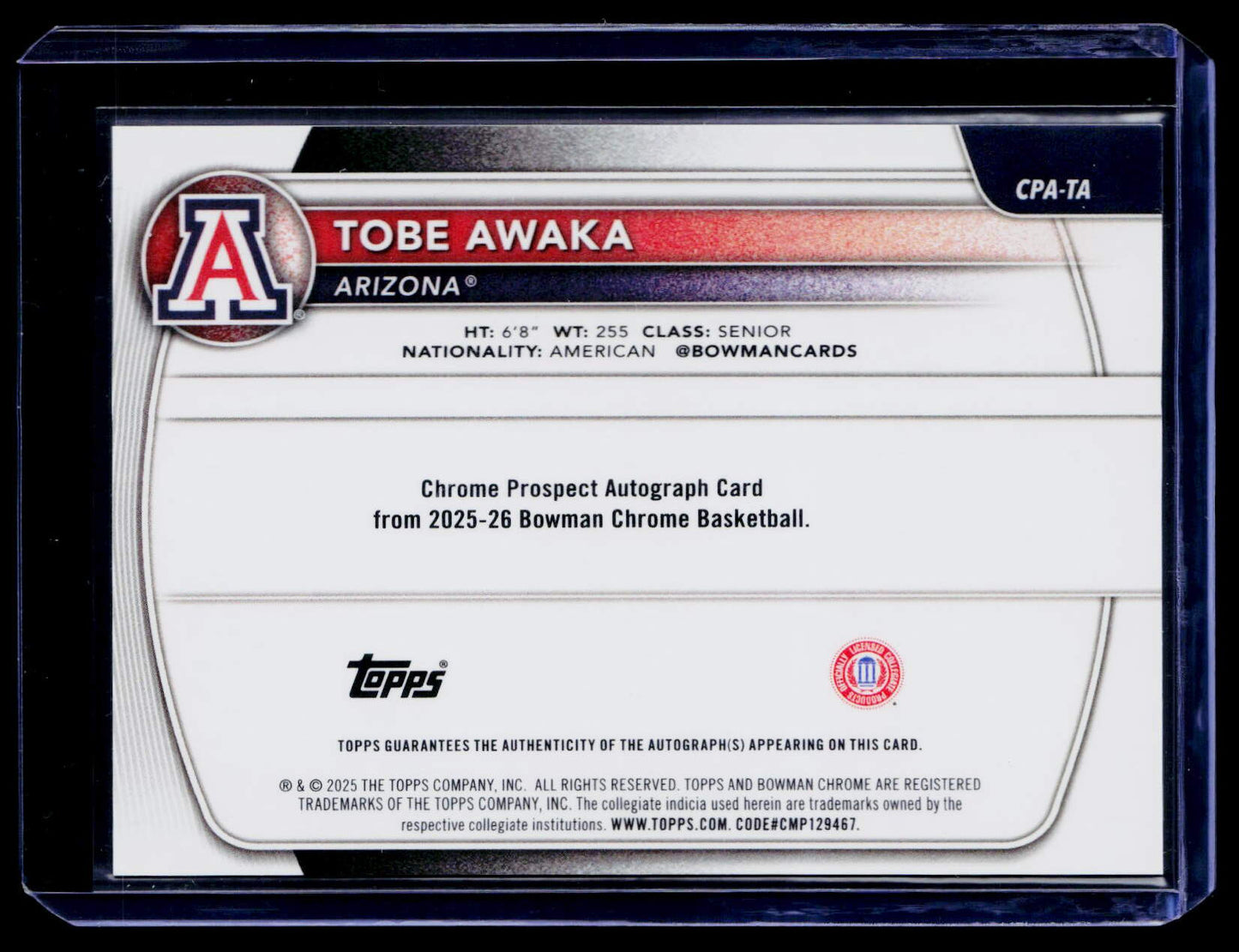 2025-26 Bowman Tobe Awaka Chrome Prospect Autographs Green Refractor #/99